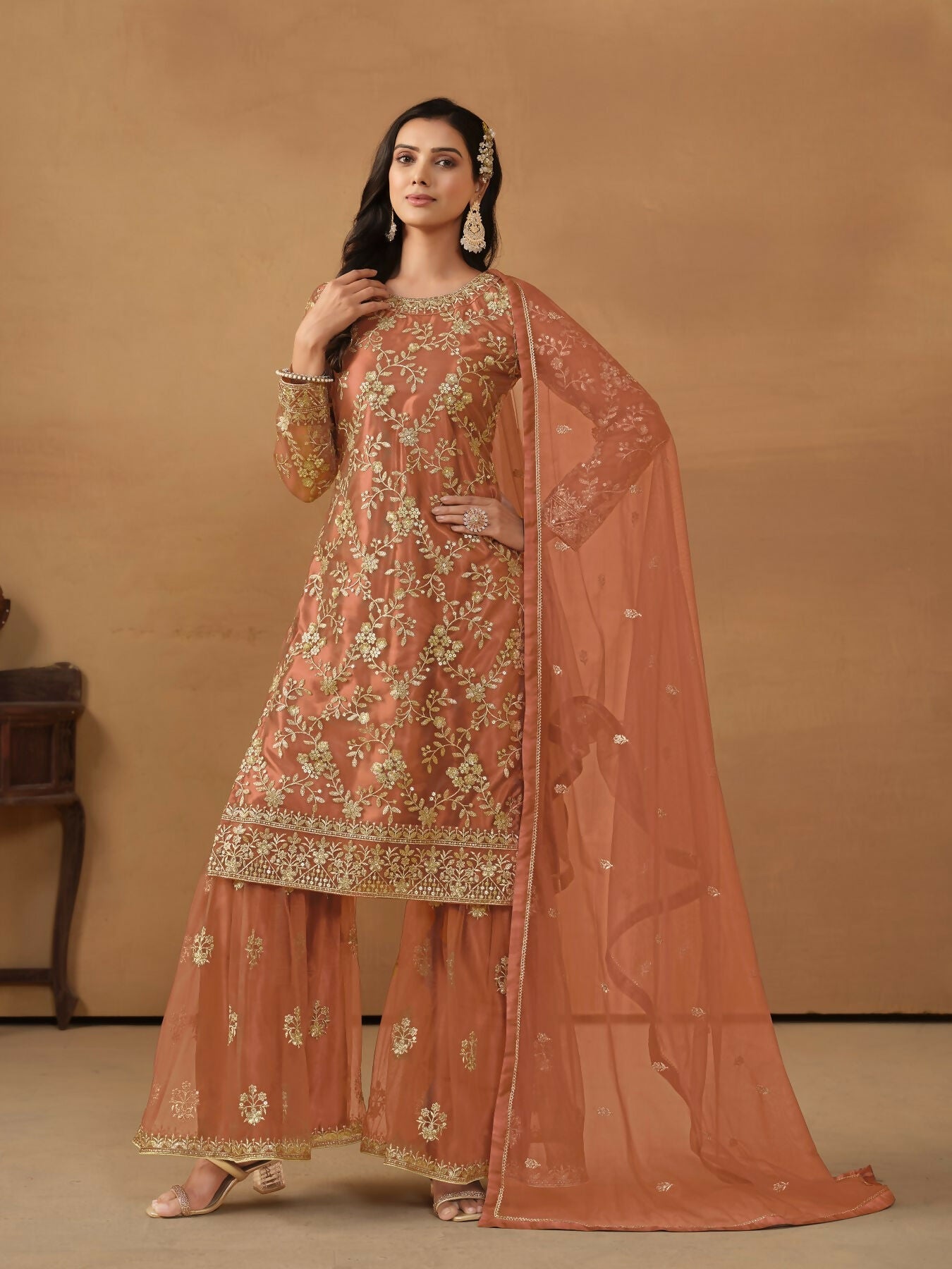 Anaita Brown Embroidered Net Salwar Suit