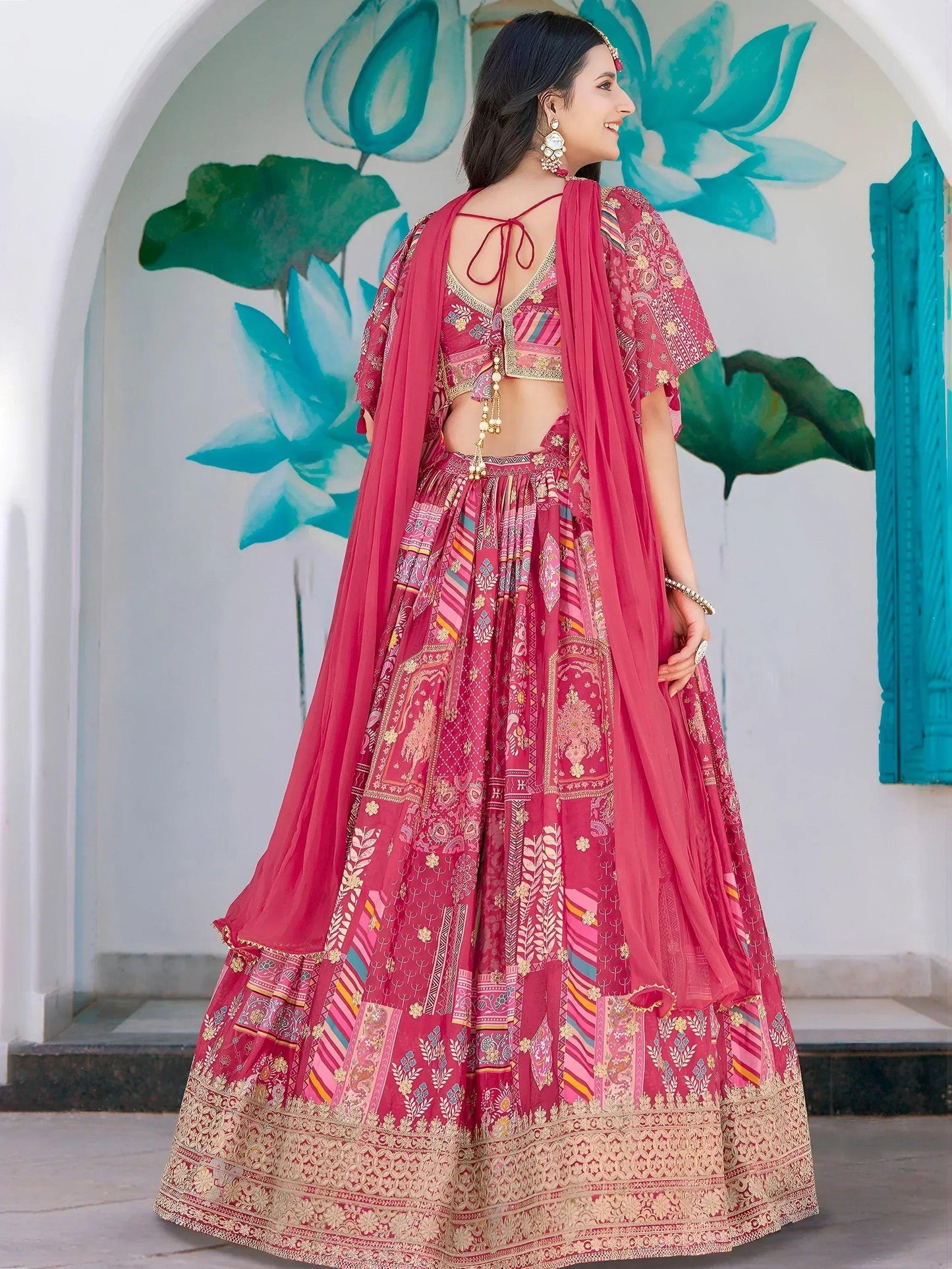 Tulsi Art Attractive Pink Chinon Thread Embroidered Wedding Wear Lehenga Choli