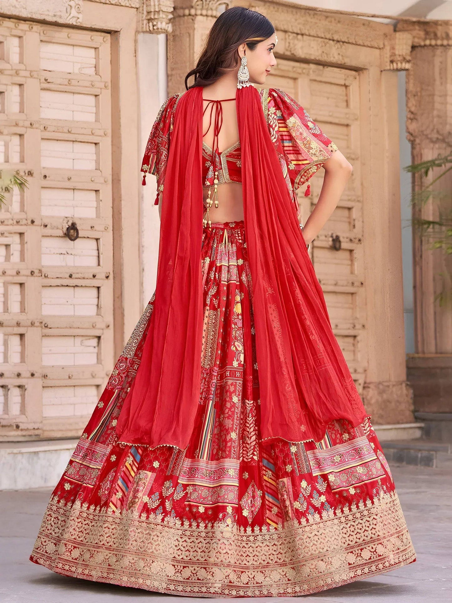 Tulsi Art Stunning Red Chinon Digital Printed Wedding Lehenga Choli