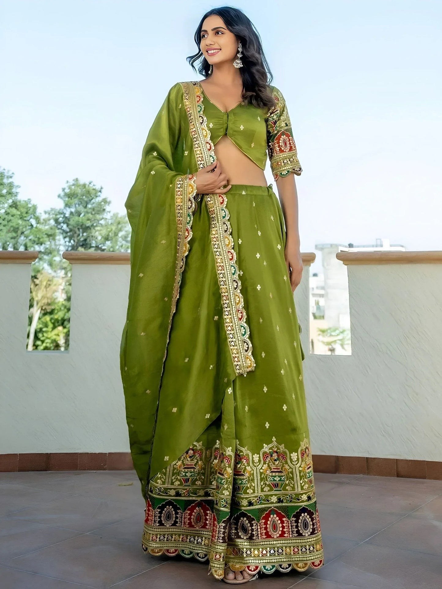 Tulsi Art Dazzling Green Thread Embroidered Silk Mehendi Wear Lehenga Choli
