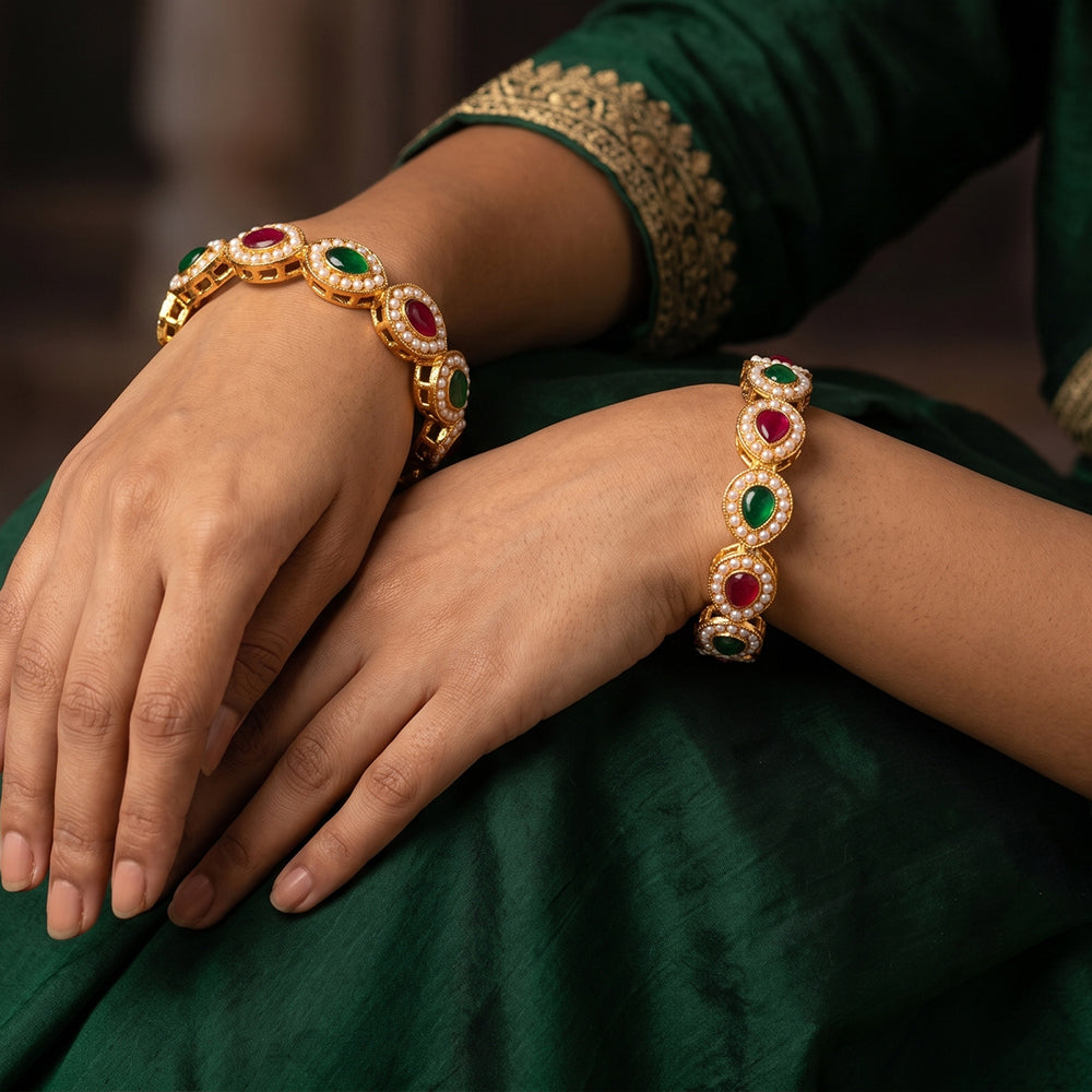 JS Fashion Full Stone High Gold Polish Fancy Style 2 Bangles Set
