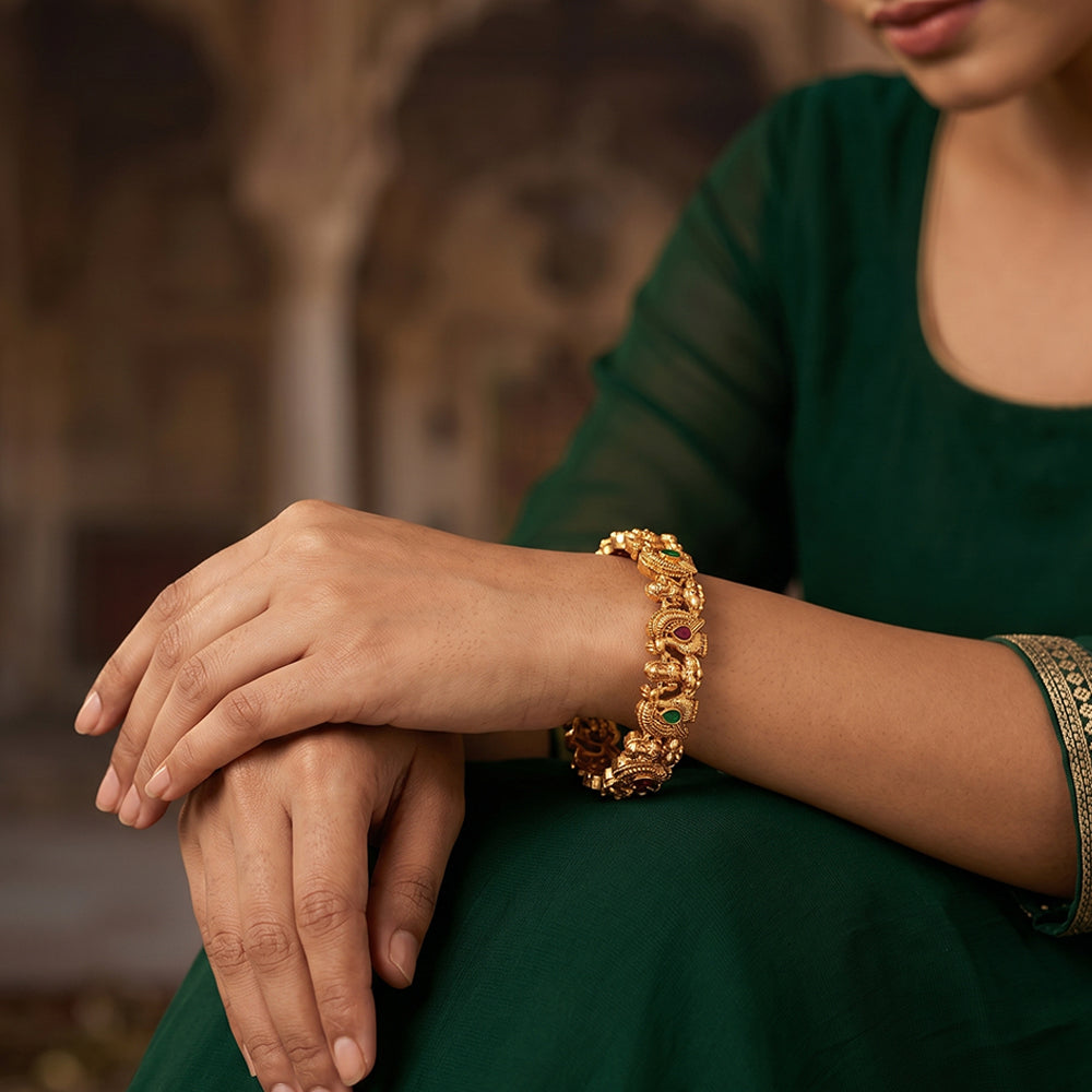 JS Fashion Temple God Laxmi And Peacock Design High Gold Polish Full Stone 2 Bangles Set