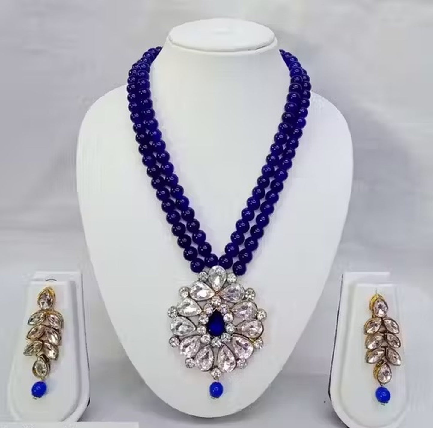 Jewel City Traditional Handcrafted Ethnic Blue Beaded Necklace Set with Gold-Plated Finish & Studded Stones