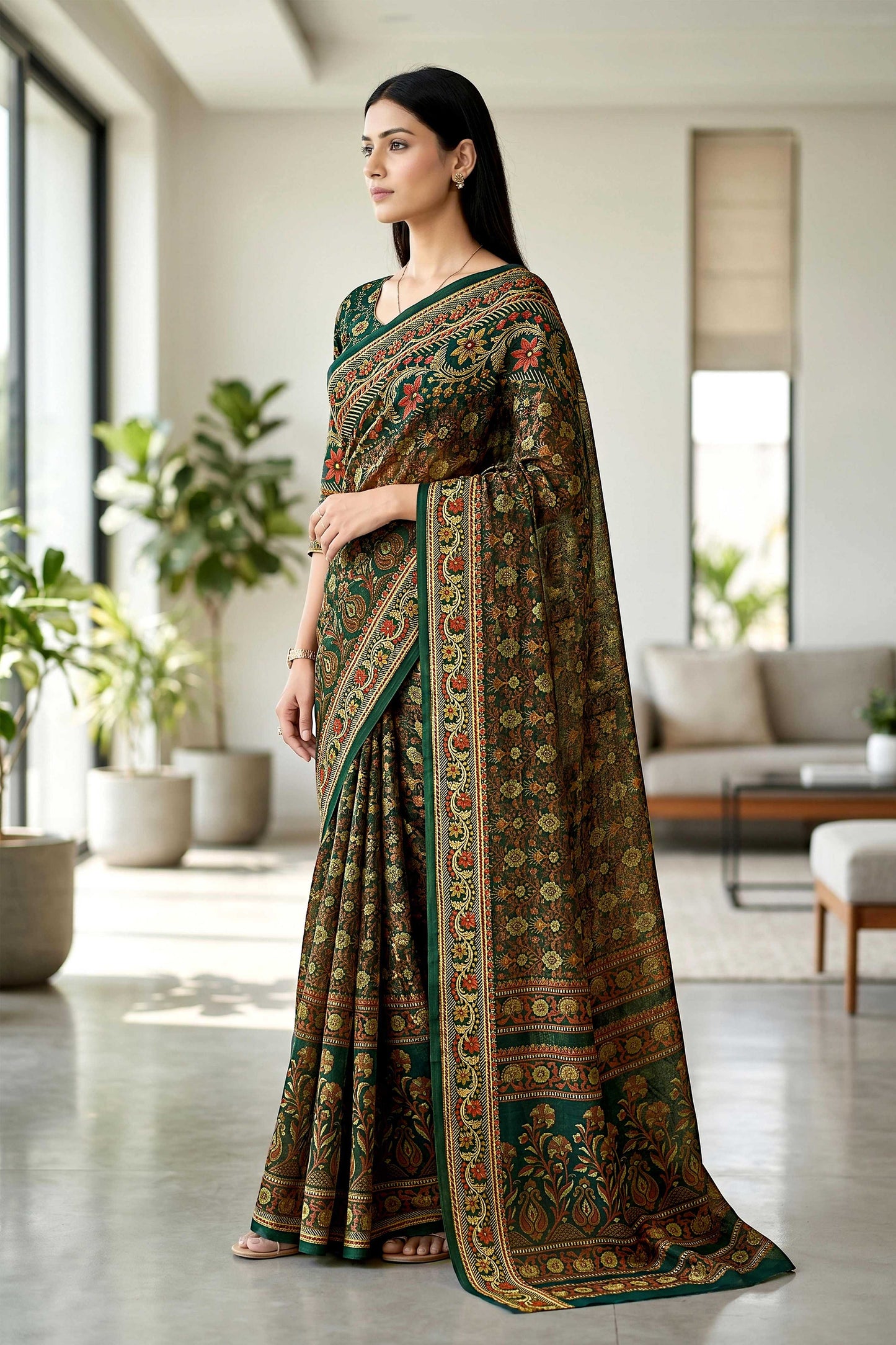 Sangam Prints Dark Green Cotton Print Woven Work Traditional Saree