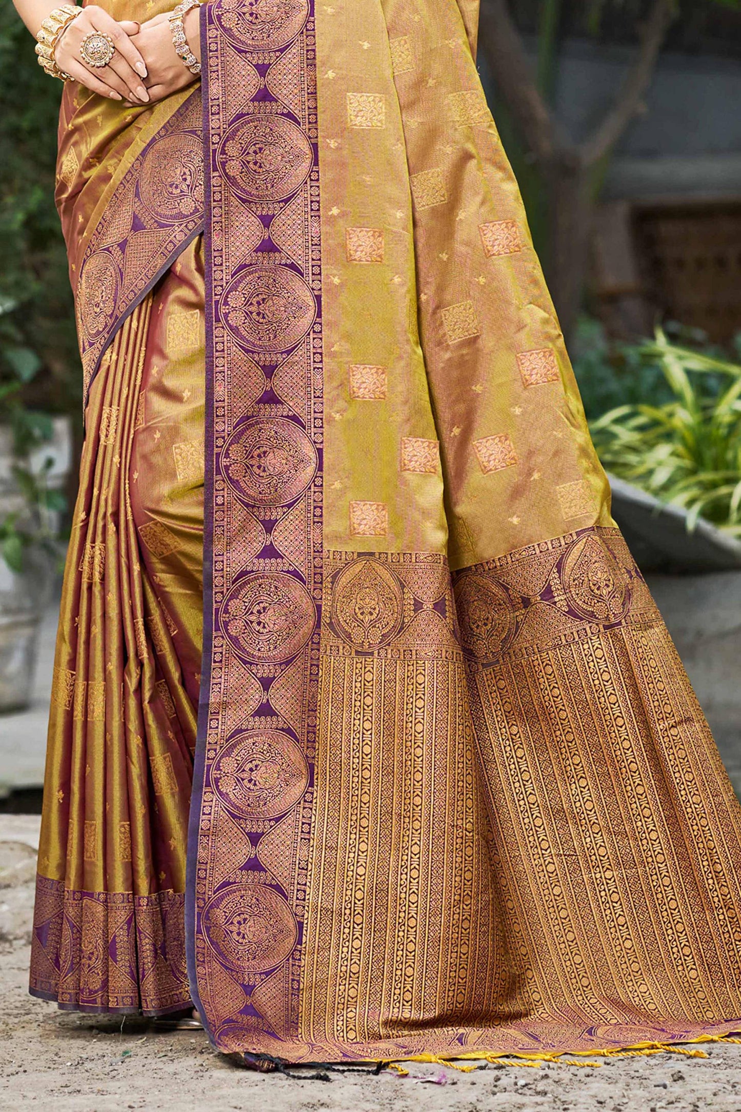 Sangam Prints Golden Mustard Soft Silk Woven Work Traditional Saree
