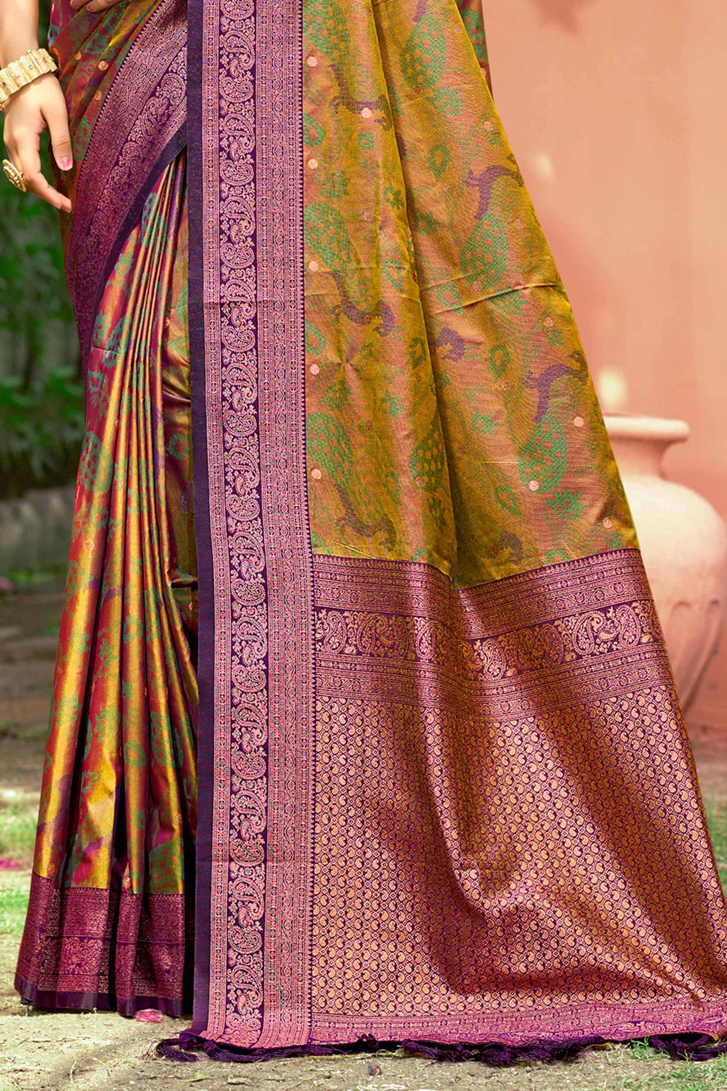 Sangam Prints Mustard Green Soft Silk Woven Work Traditional Saree