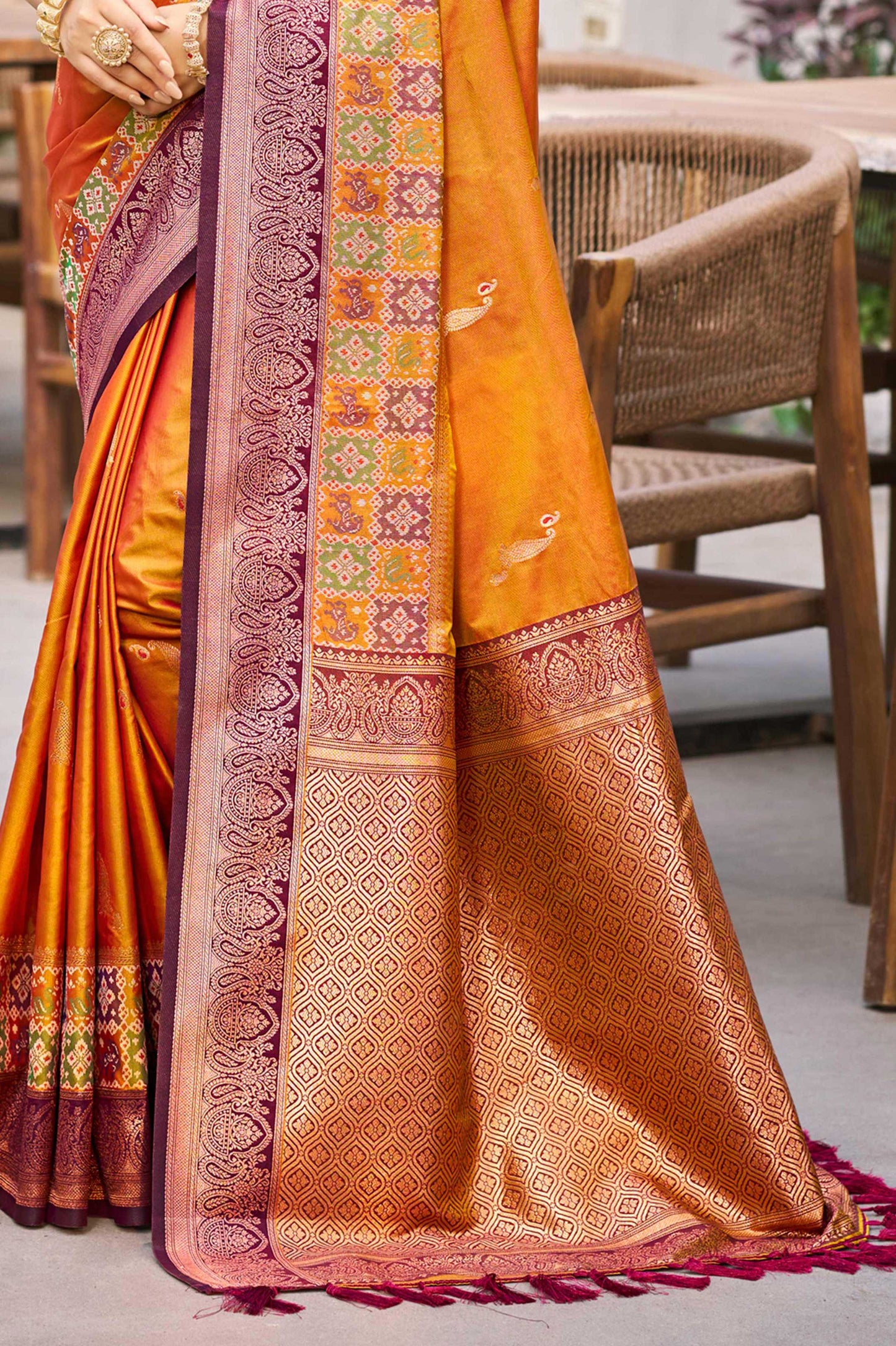 Sangam Prints Mustard Orange Soft Silk Woven Work Traditional Saree