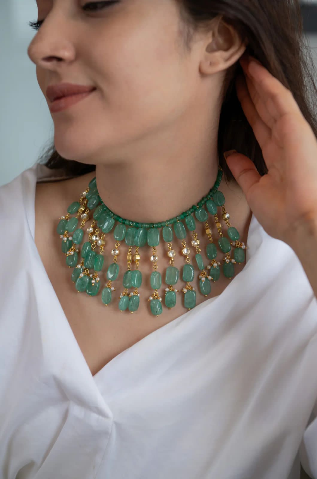 Gold plated long jade necklace