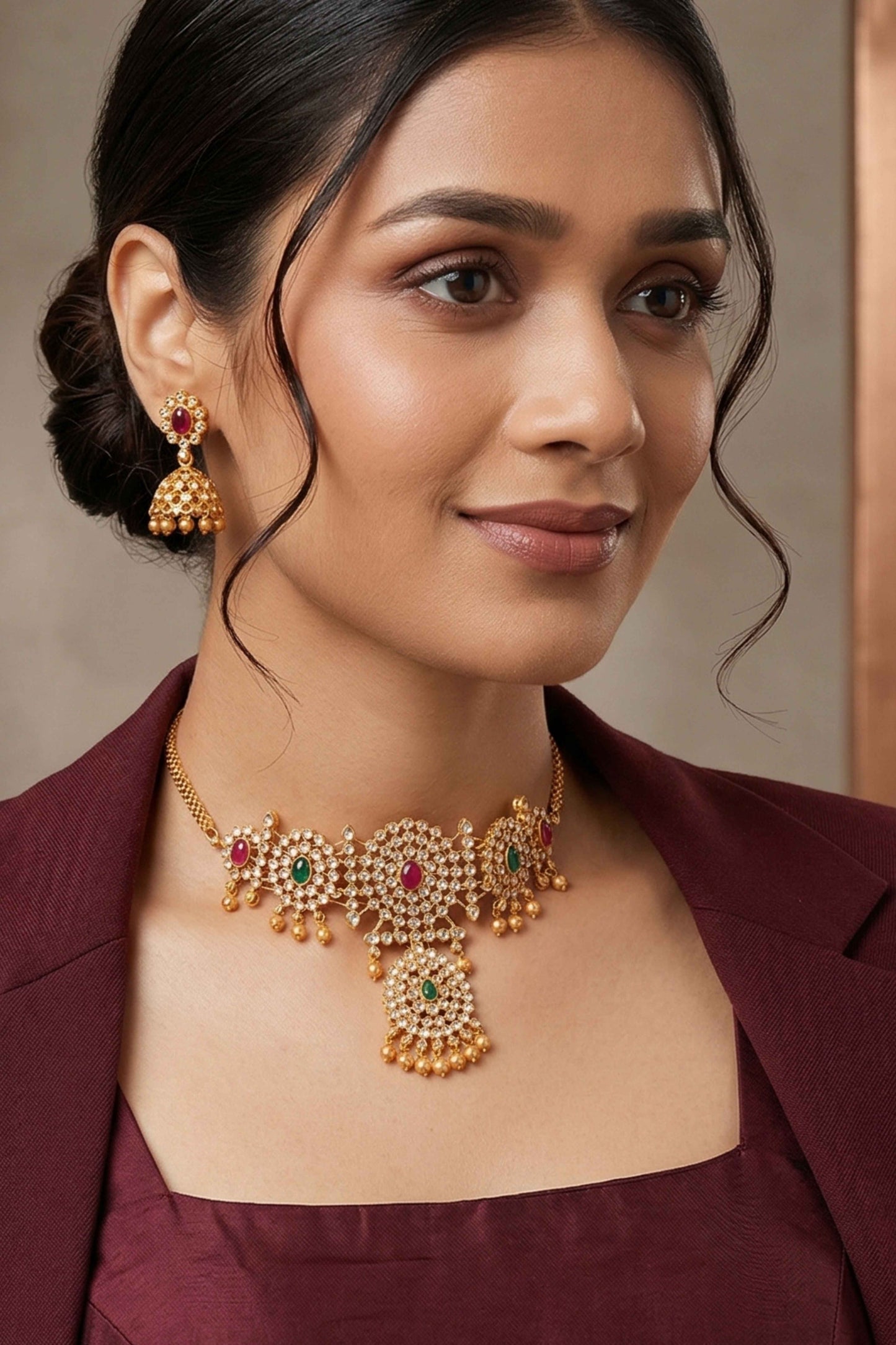 Mani Intricate AD Studded Choker Necklace with Jhumka Earrings