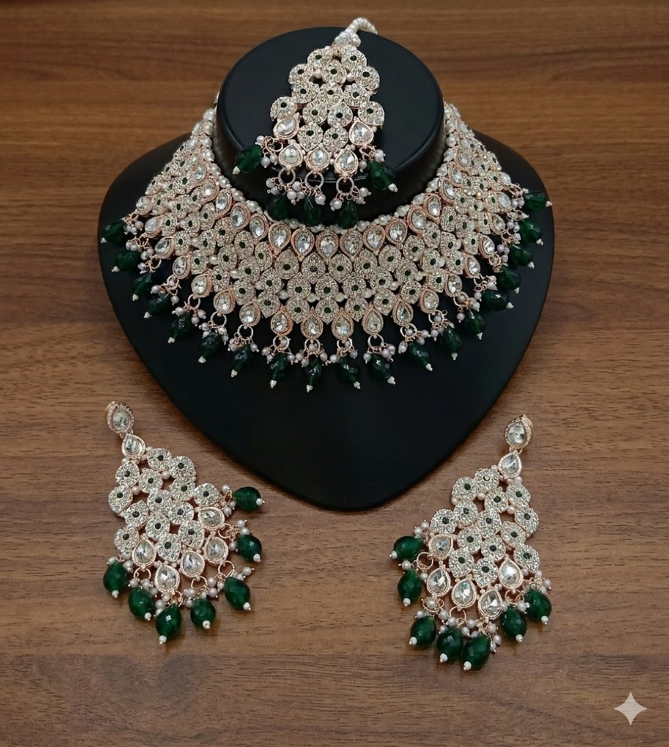 Jewel City Kundan Bridal Choker Jewelry Set with Beads | Indian Wedding Necklace, Drop Earrings & Maang Tikka