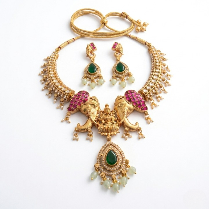 Jewel City Antique Gold Temple Jewelry Set with Kundan Elephant Motif Necklace & Earrings Indian Bridal Wedding Choker