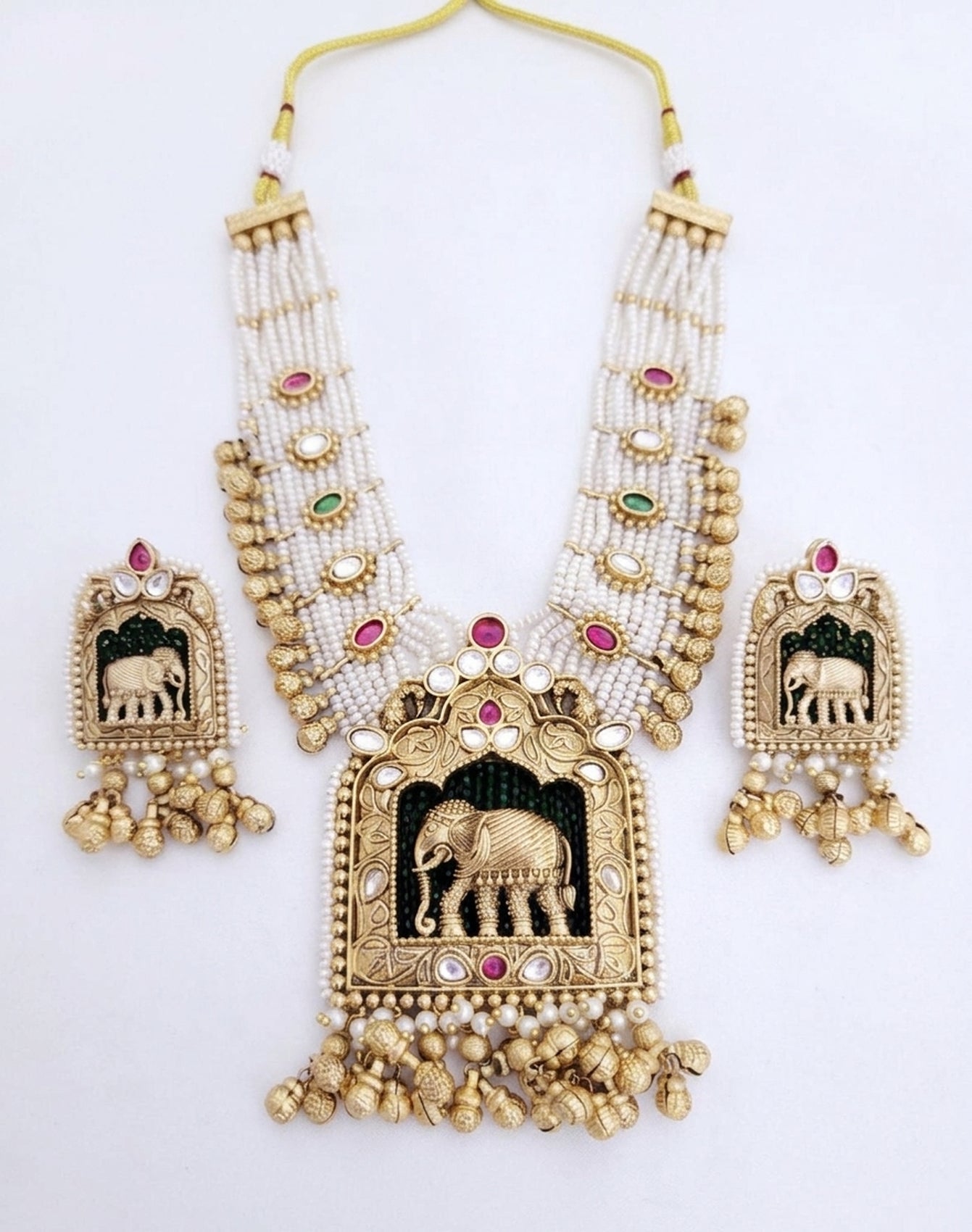 Jewel City Handcrafted Elephant Motif Gold-Plated Pearl Necklace Set - Traditional Ethnic Jewelry for Weddings & Festivals