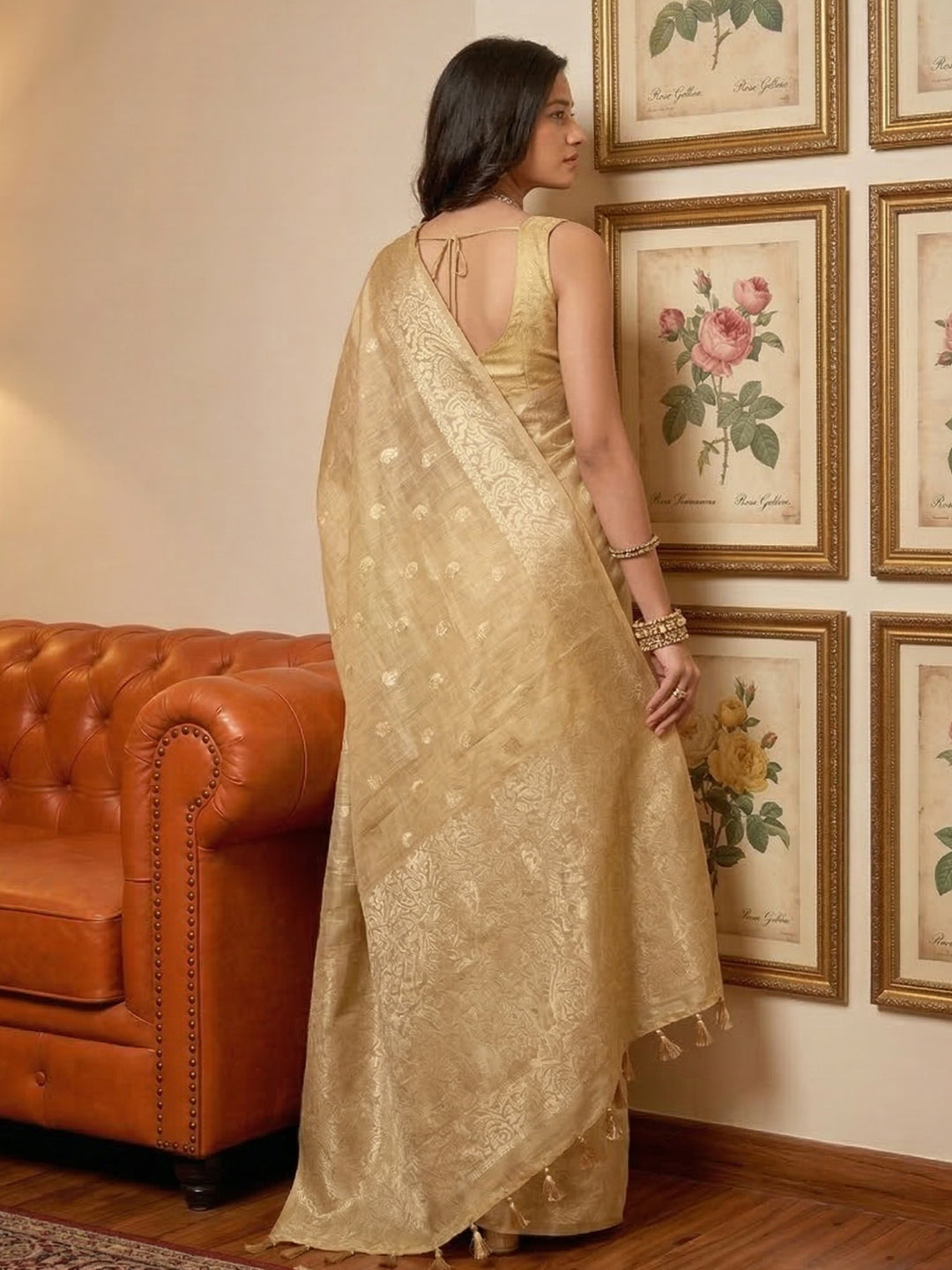 Anaita Cream Woven Tissue Silk Saree With Blouse
