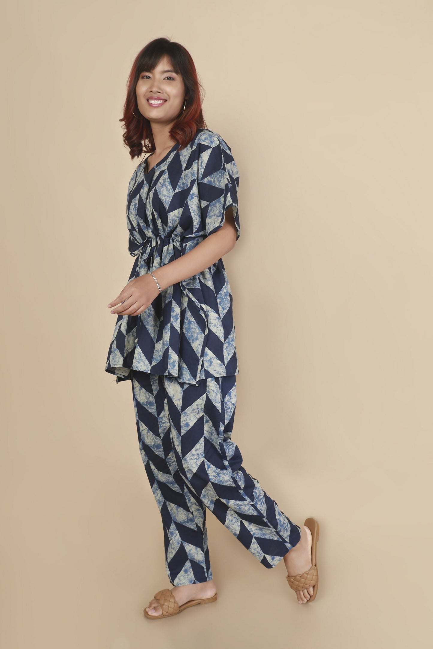 Breathables WomenS Loungewear Kaftan Cotton Blue Abstract Print Co-Ord Set