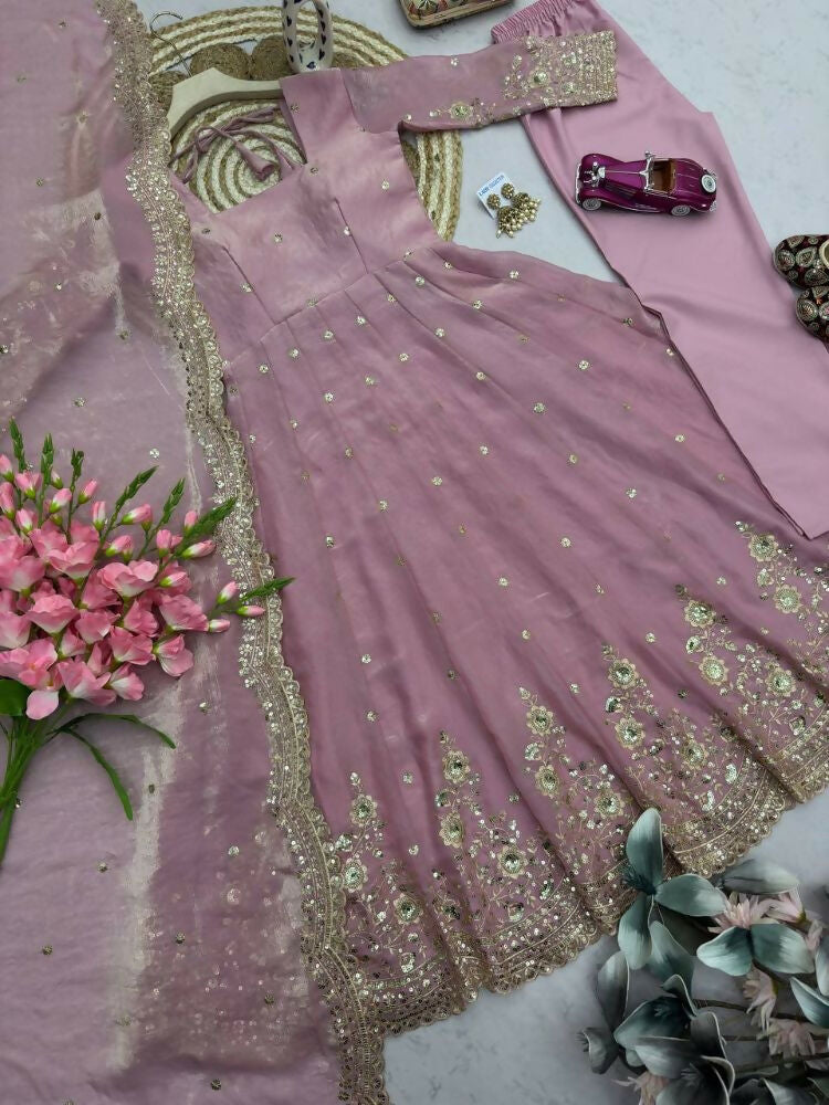 Teeya Creation Womens New Latest Trendy Elegant Baby Pink Embroidered Anarkali Suit Set with Scalloped Dupatta