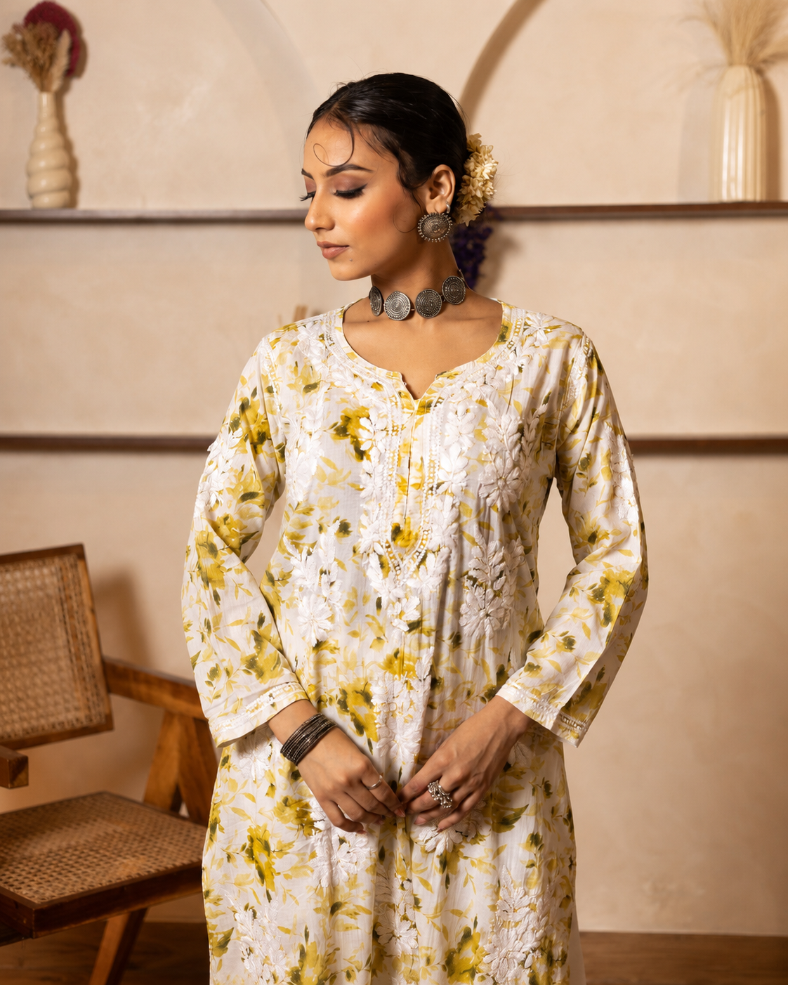 Gharana India Mulcotton Printed Green Chikankari Kurta