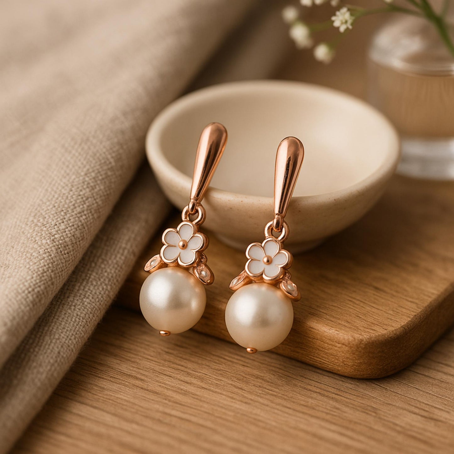 Estele Rose Gold Plated White enamel Flower charm Drop Earrings for Girl's and Women
