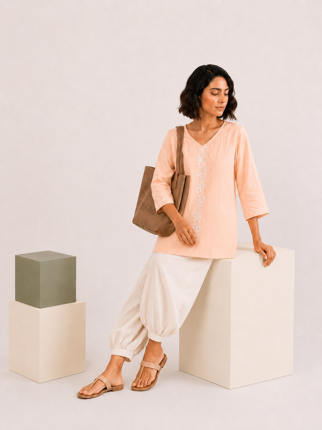 Gharana India Luxury Rayon Peach Coloured Chikankari Top