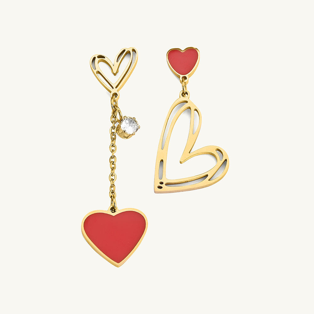 Red Heart Dangle Mismatched Earrings