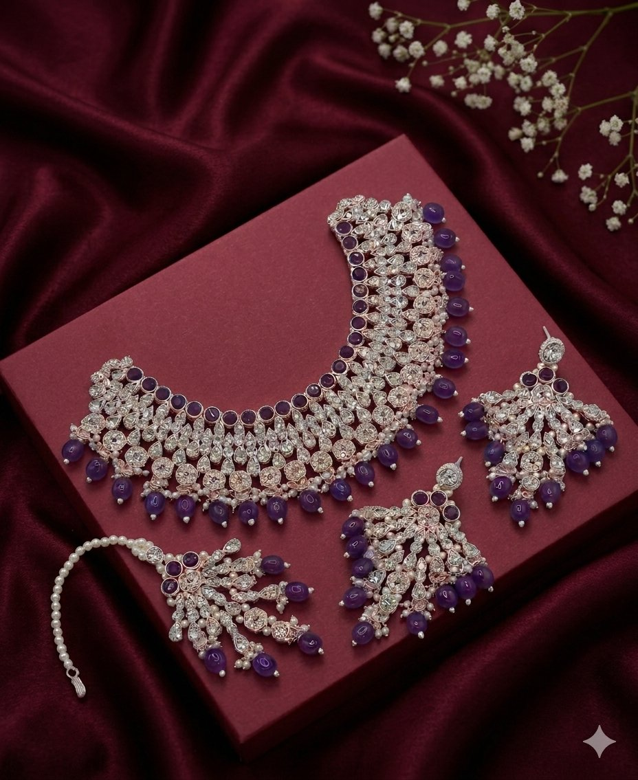 Jewel City Purple Kundan Choker Necklace Set with Earrings & Maang Tikka | Indian Bridal Wedding & Bollywood Festival Jewelry