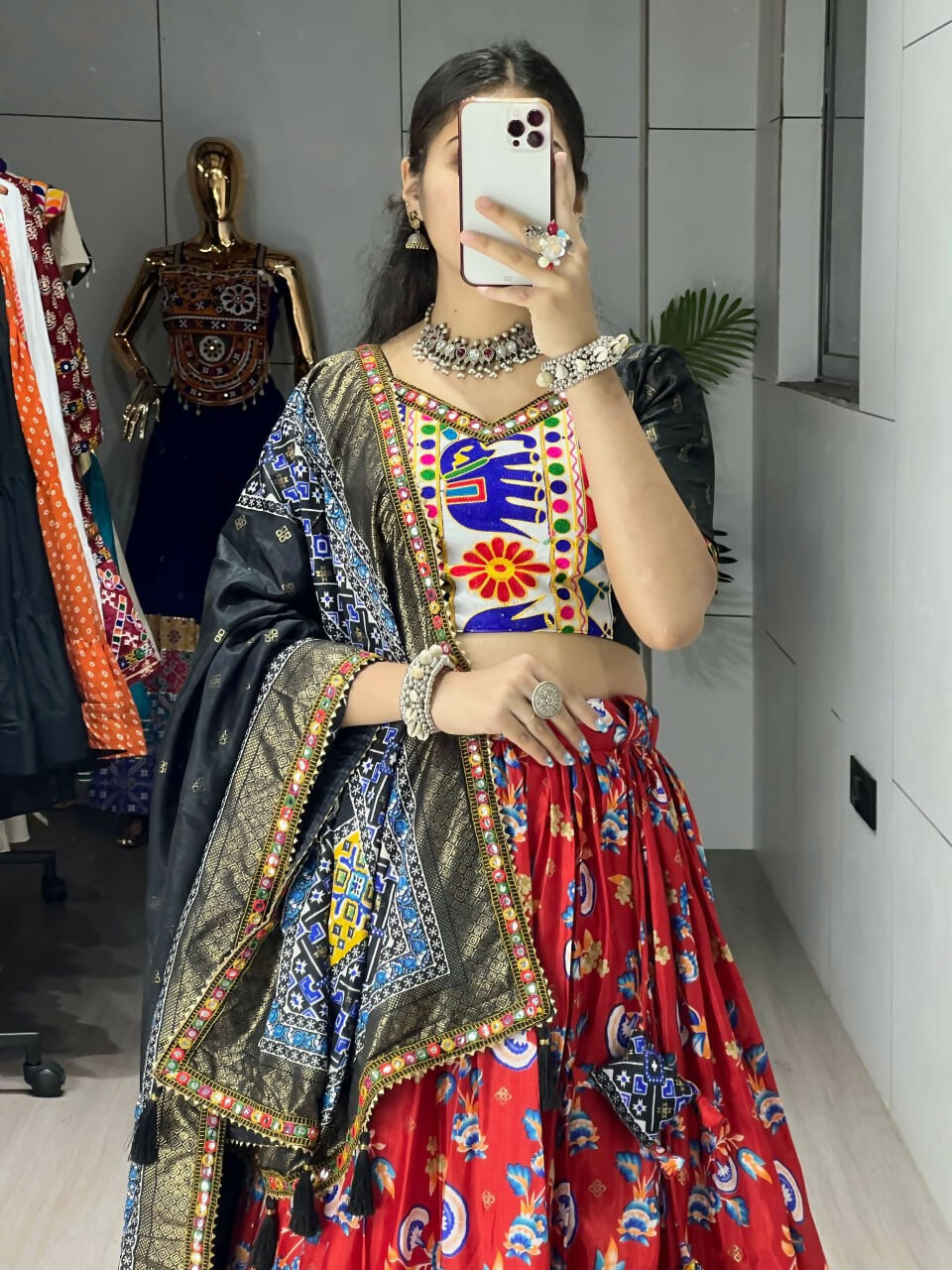 Yash Enterprise Red Silk Embroidery Semi Stitched Navratri Chaniya Choli