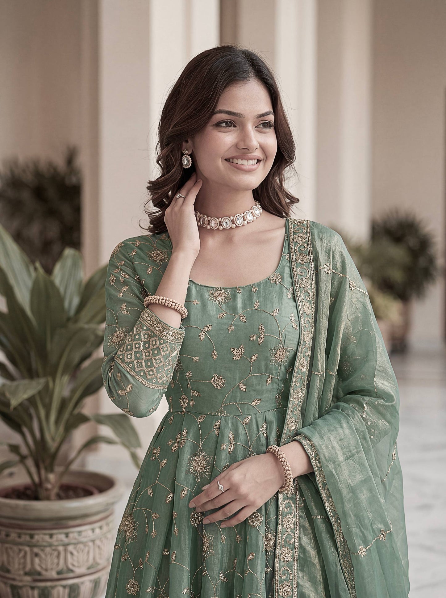 Lehenga Mart Designer Anarkali Suit With Kurta Pant Dupatta For Women-Sage Green