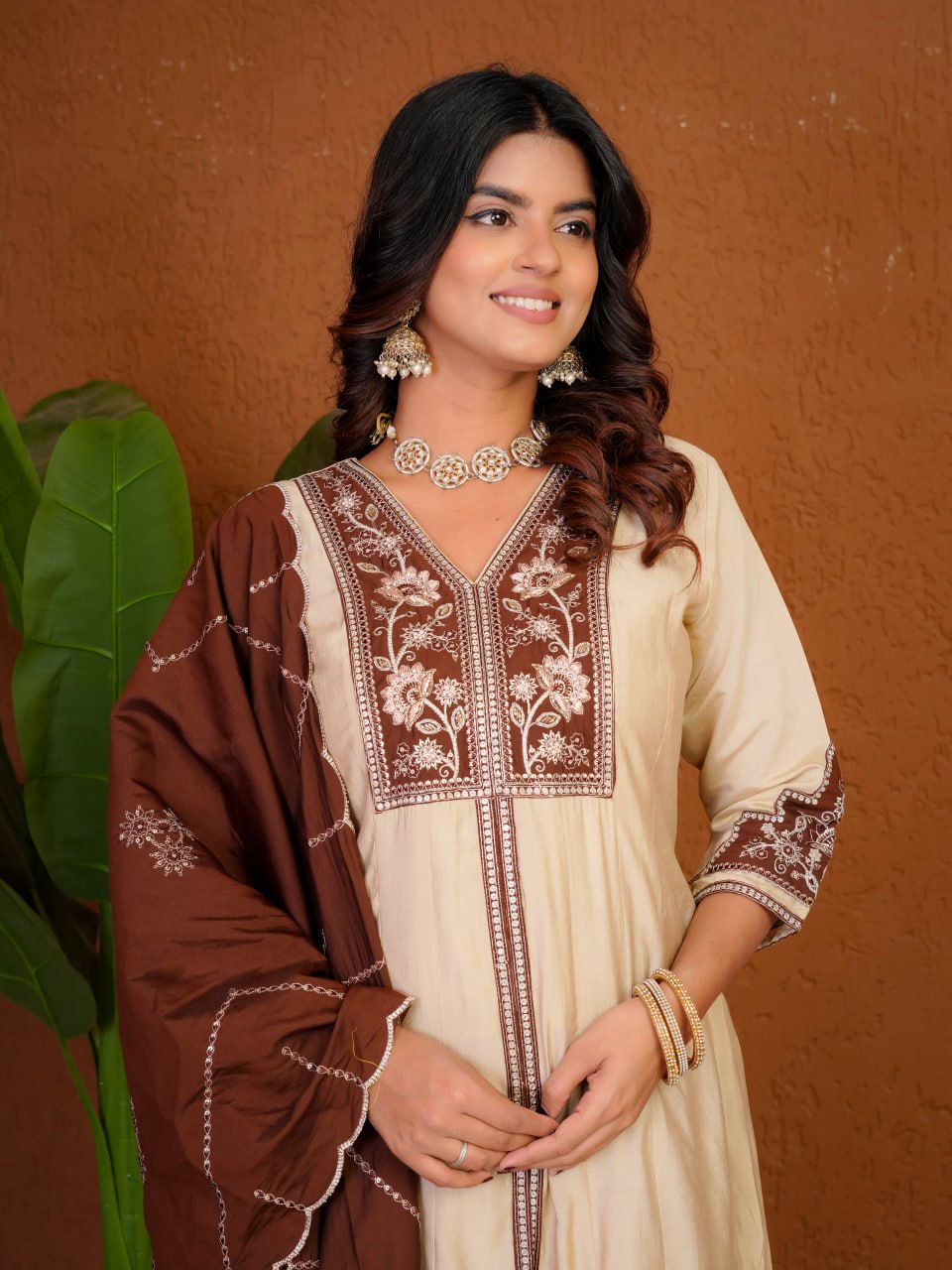 Lehenga Mart Designer Anarkali Suit With Kurta Palazzo Dupatta For Women-Cream