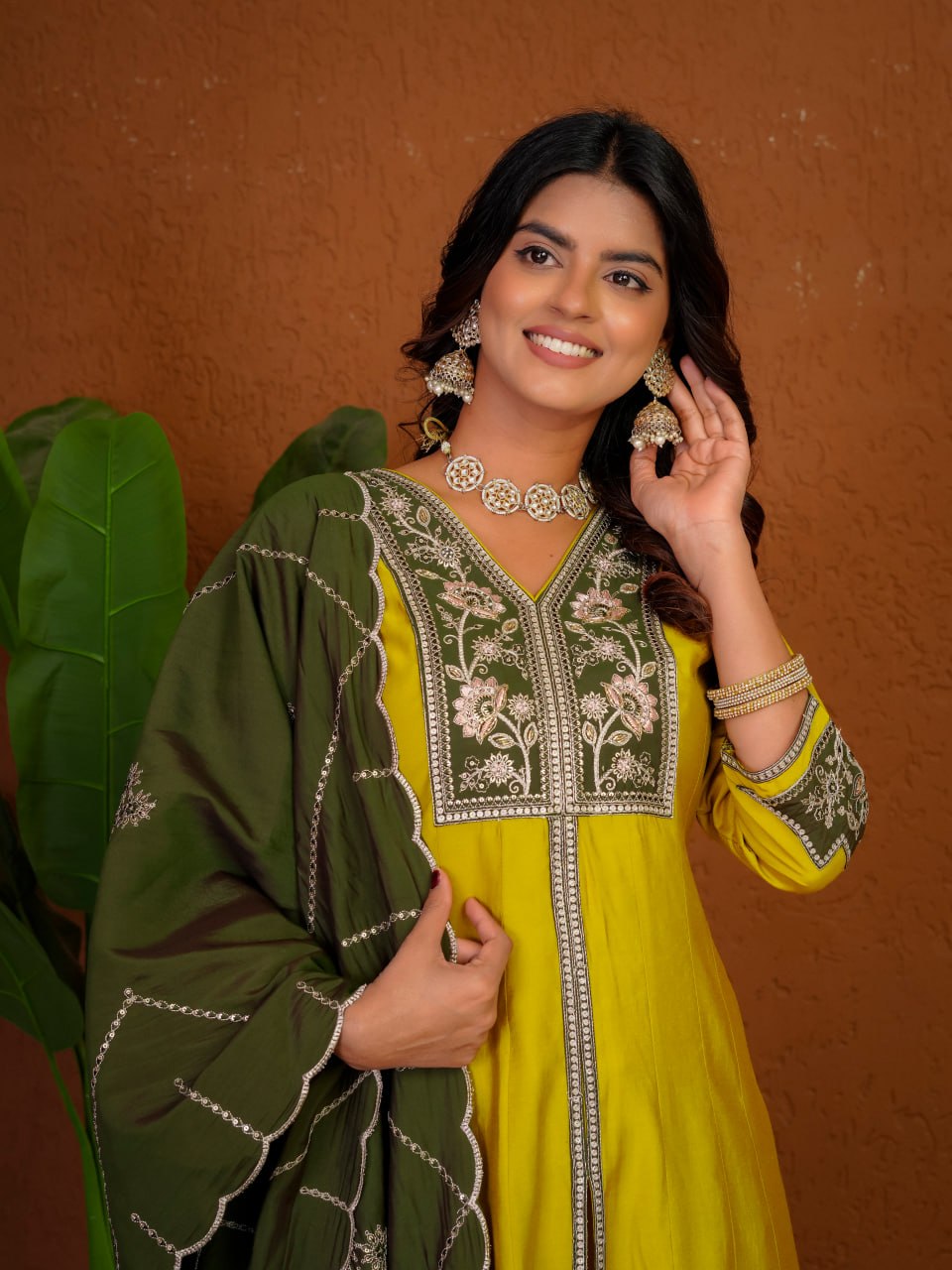 Lehenga Mart Designer Anarkali Suit With Kurta Palazzo Dupatta For Women-Mustard Yellow