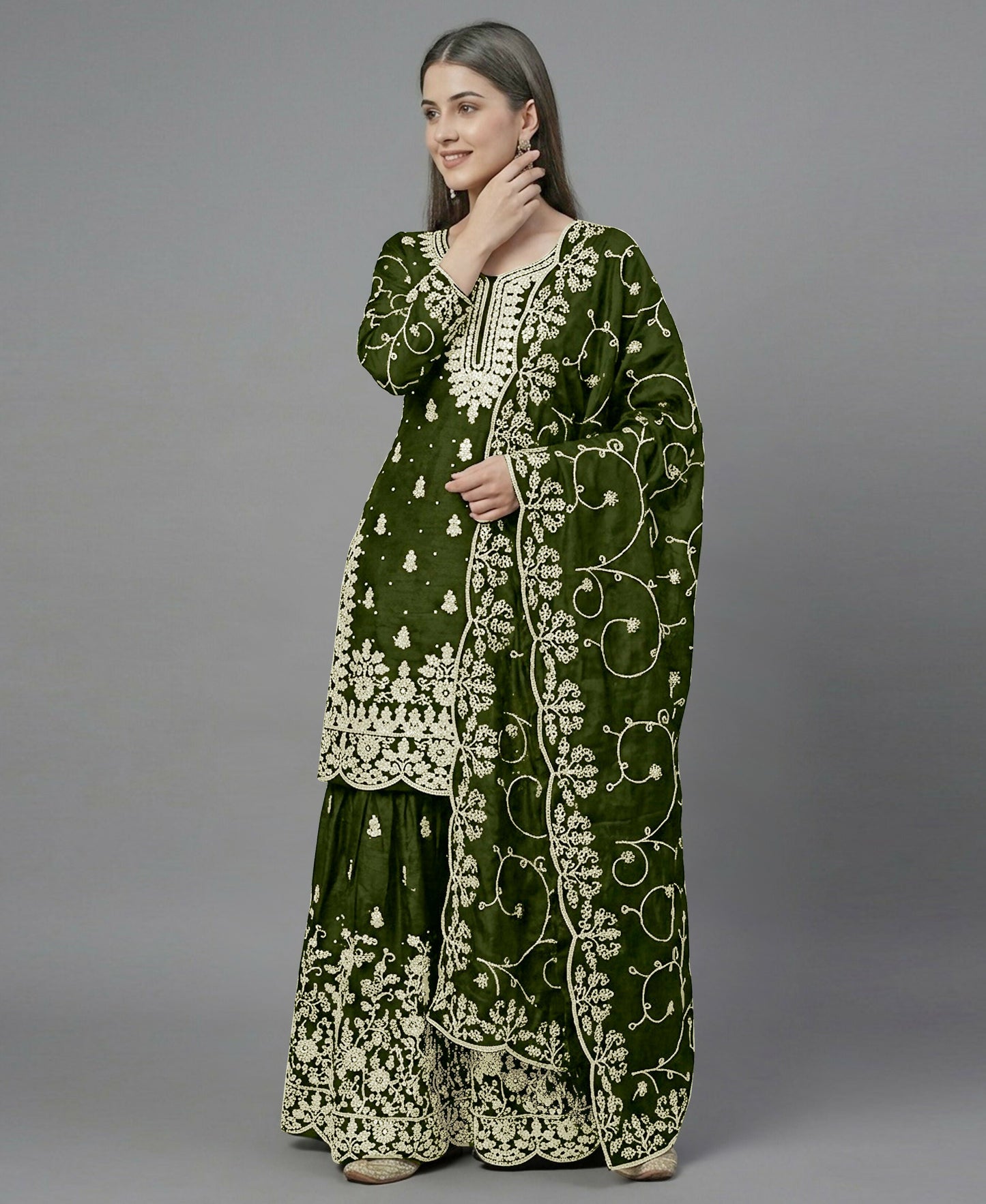 Teeya Creation Womens New Trendy Pure Gmy Silk With Heavy Embroidery Sequence Work Mehendi Kurta Set