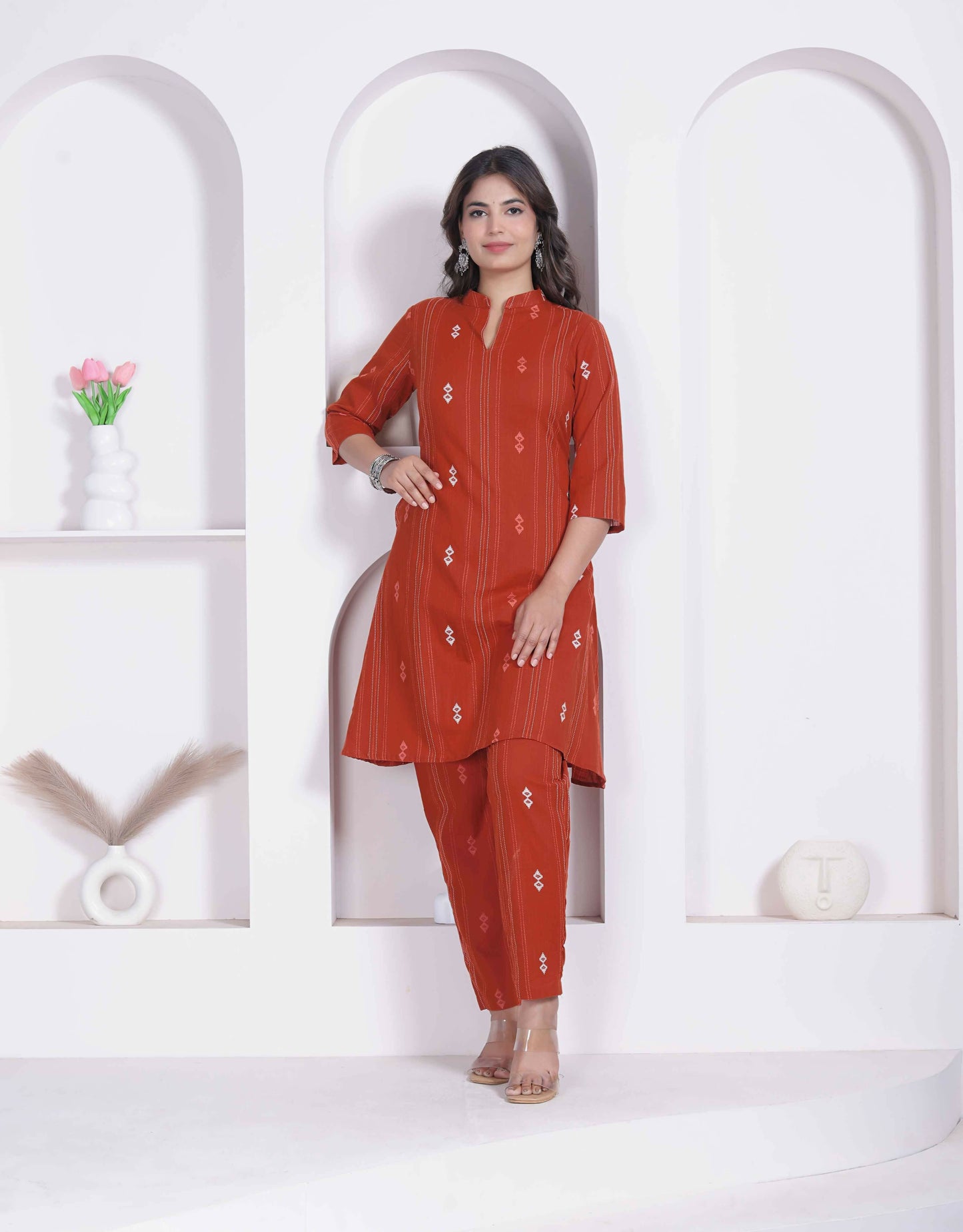 Miravan Womens Rust Color Abstract Printed Cotton Kurta With Palazzo