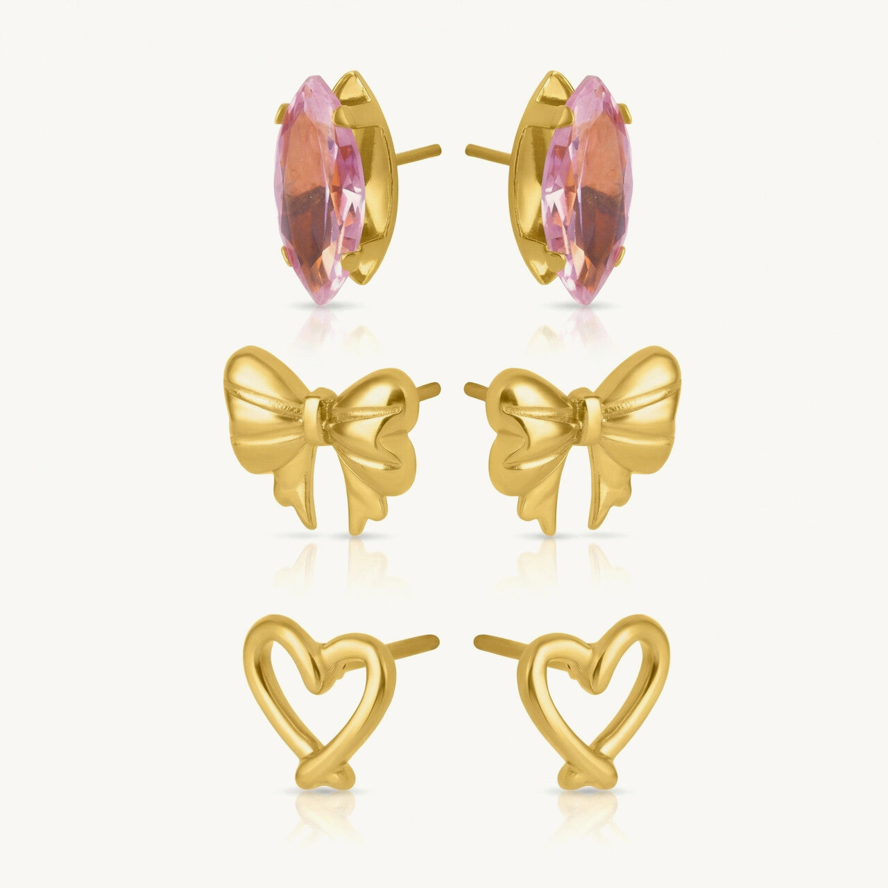 Love Blush Trio Bow Heart CZ Earring Set