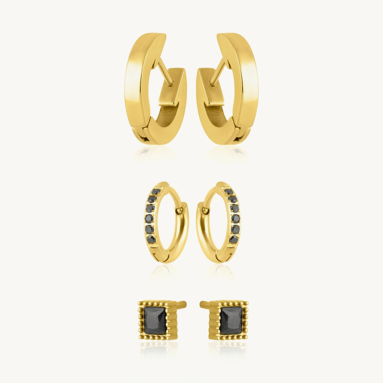 Urban Noir Golden Hoop & Black Stone Earring Set