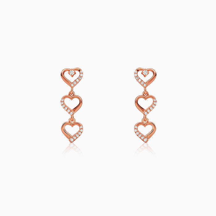 Rose Gold Triple Heart Dangler Earrings