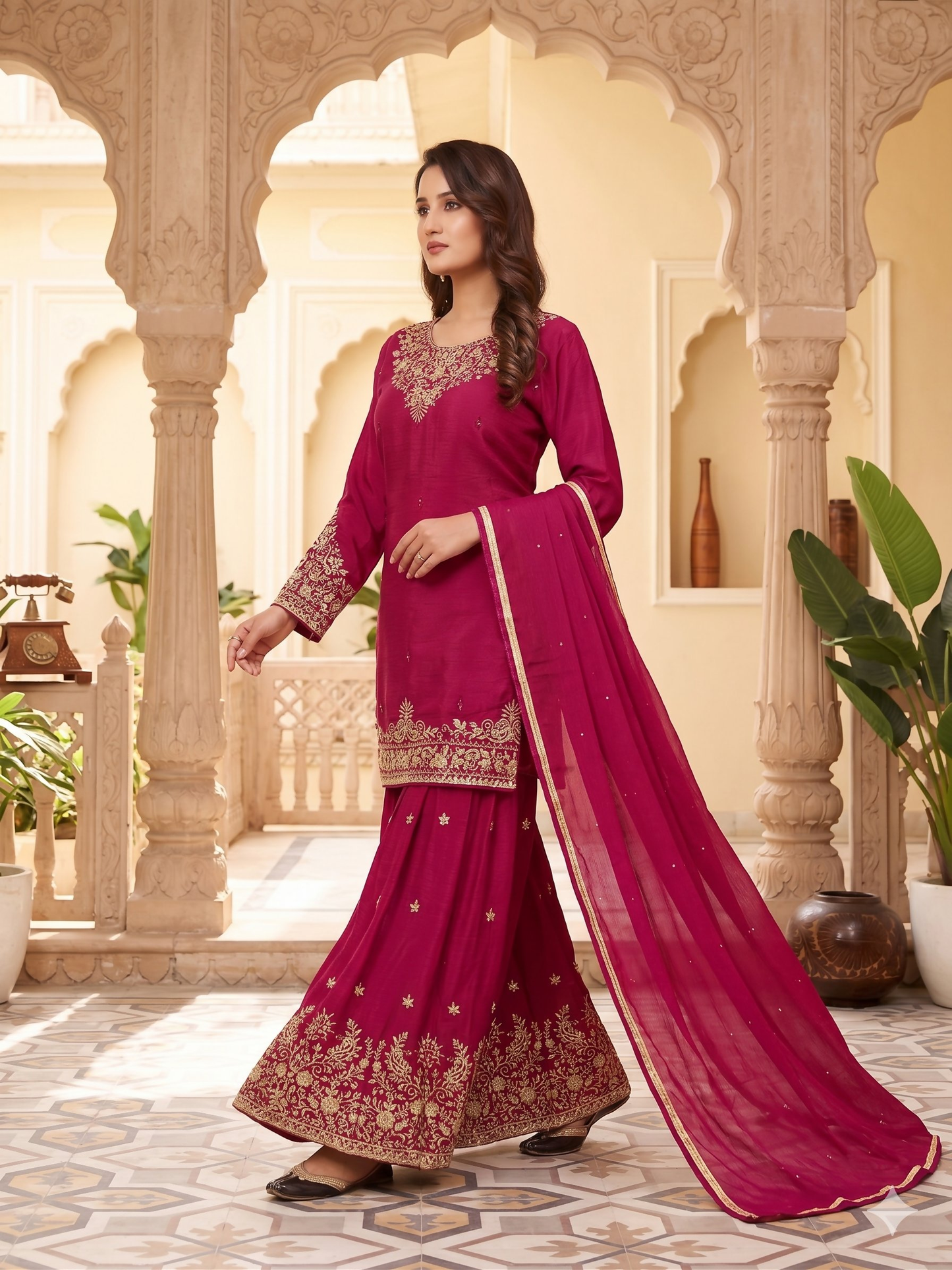 Teeya Creation Womens New Elegant Rani Pink Embroidered Sharara Suit With Golden Zari Work And Chiffon Dupatta