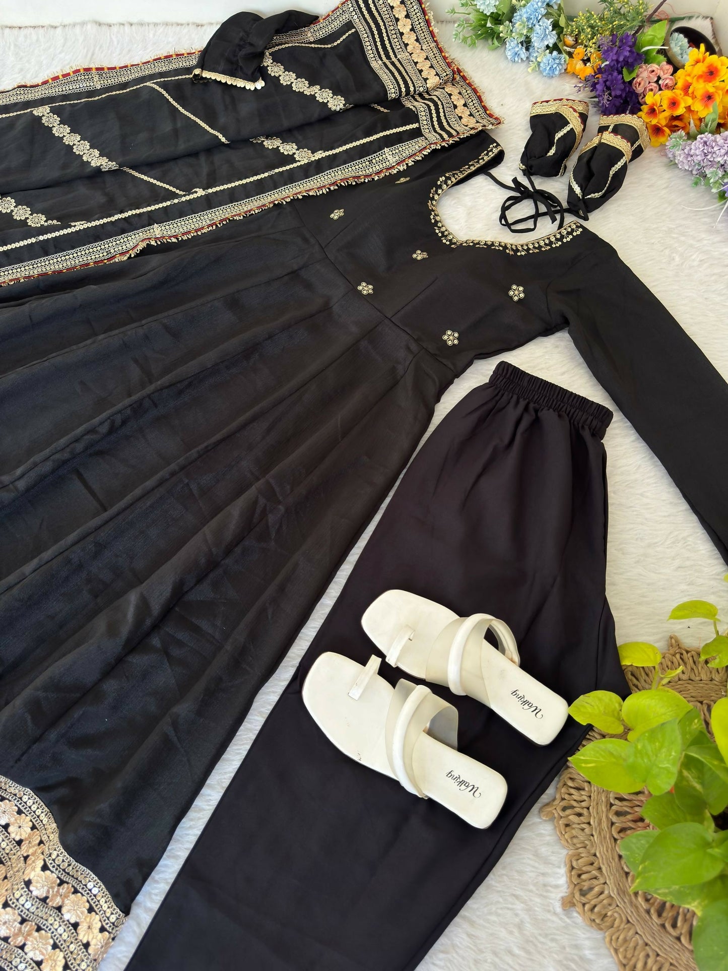 Teeya Creation Womens New Fancy Silk Heavy Quality Fabric With Handwork Black Gown Set