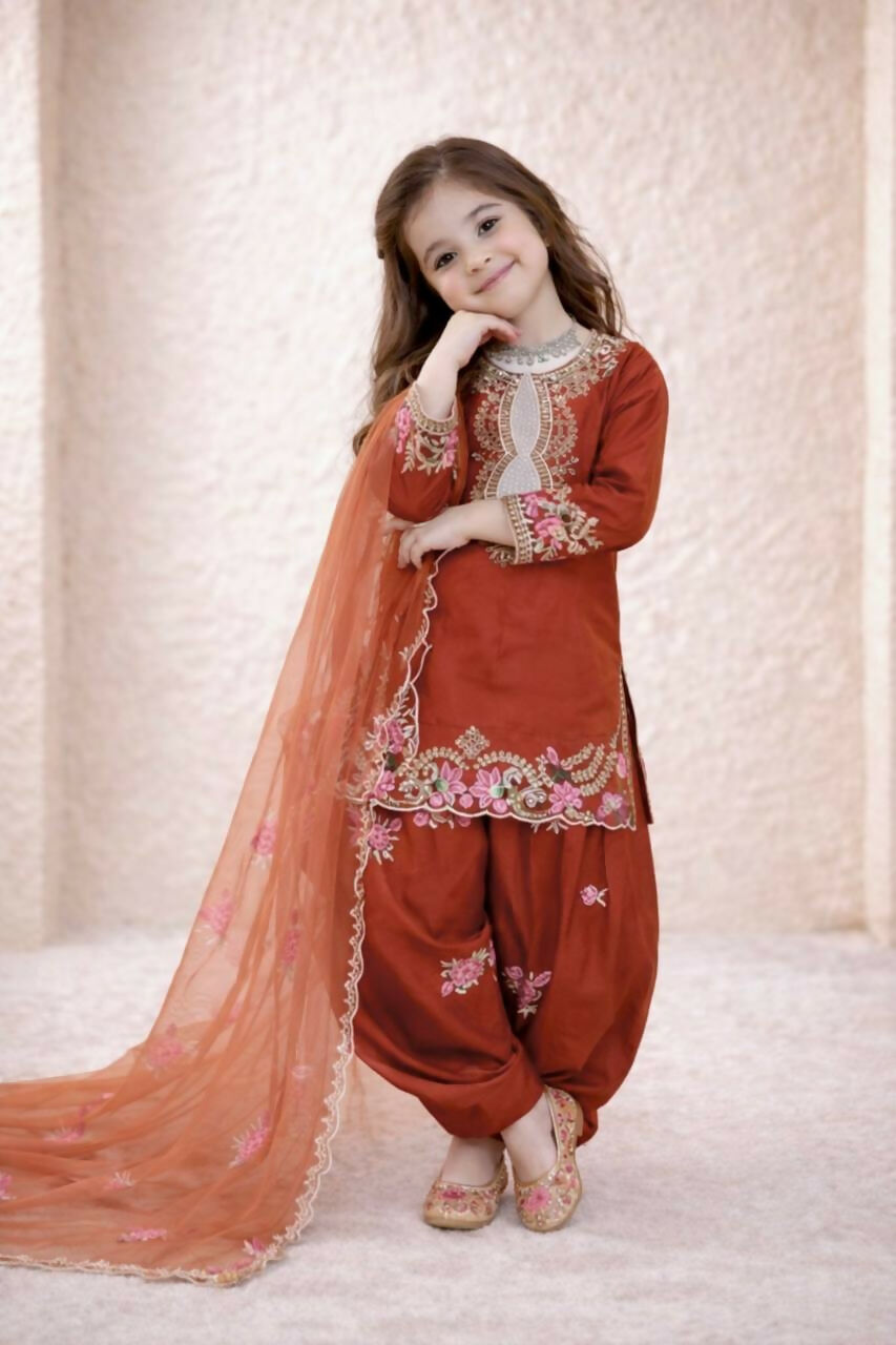 Teeya Creation New Kids Trendy Wedding Wear Traditional Kurta Salwar Set-Orange