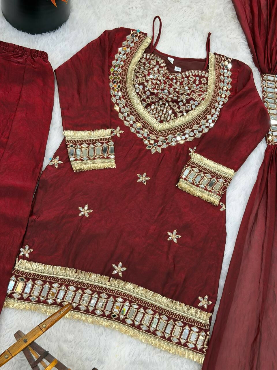 Teeya Creation New Trendy Stylish Real Mirror Work With Lace Border Maroon Kurta Set