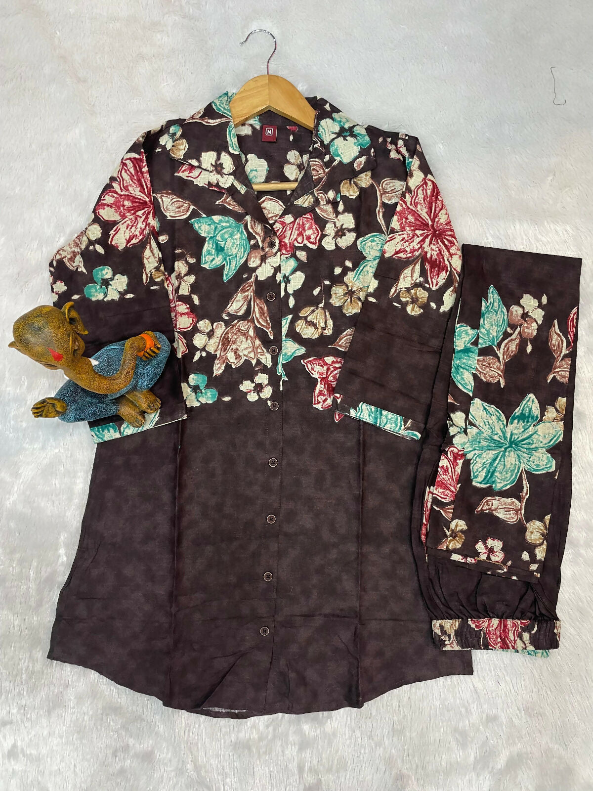 Teeya Creation Women Chocolate Brown Floral Printed Shirt And Trousers Co-Ord Set