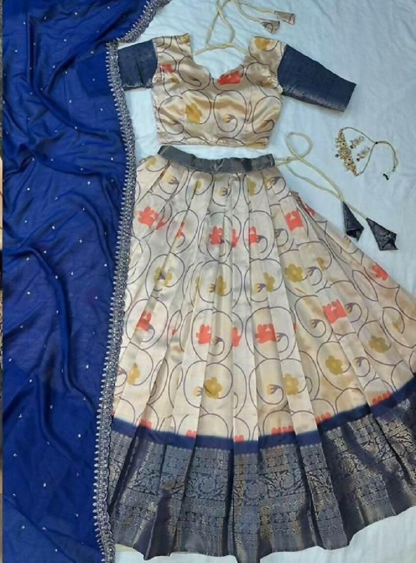 Teeya Creation Womens New Trendy Designer Blue Floral Lehenga Choli Set with Contrast Border and Dupatta Set