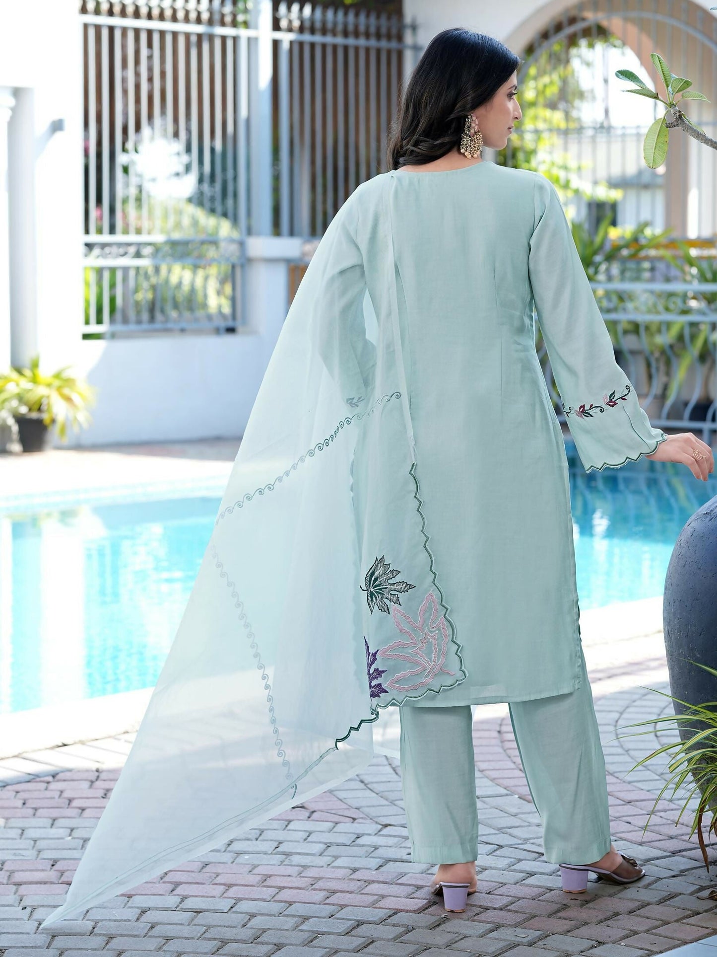 Nikhaar Sea Green Embroidered Art Silk Stitched Straight Cut Kurta Pants Dupatta Readymade Suit