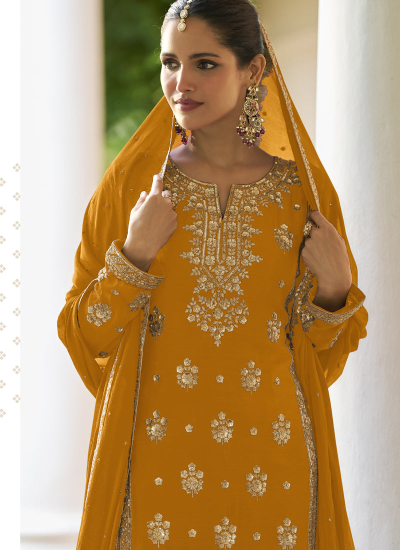 Vegaa Fashion Yellow Chinon Embroidered Designer Sharara Suit Stiched