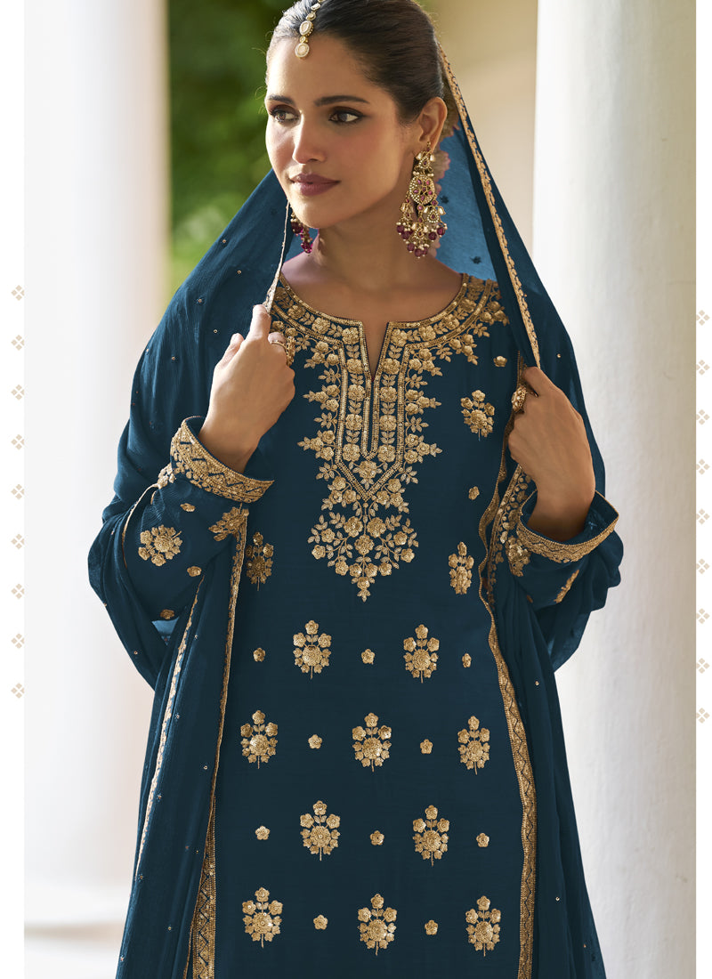 Vegaa Fashion Teal Chinon Embroidered Designer Sharara Suit Stiched