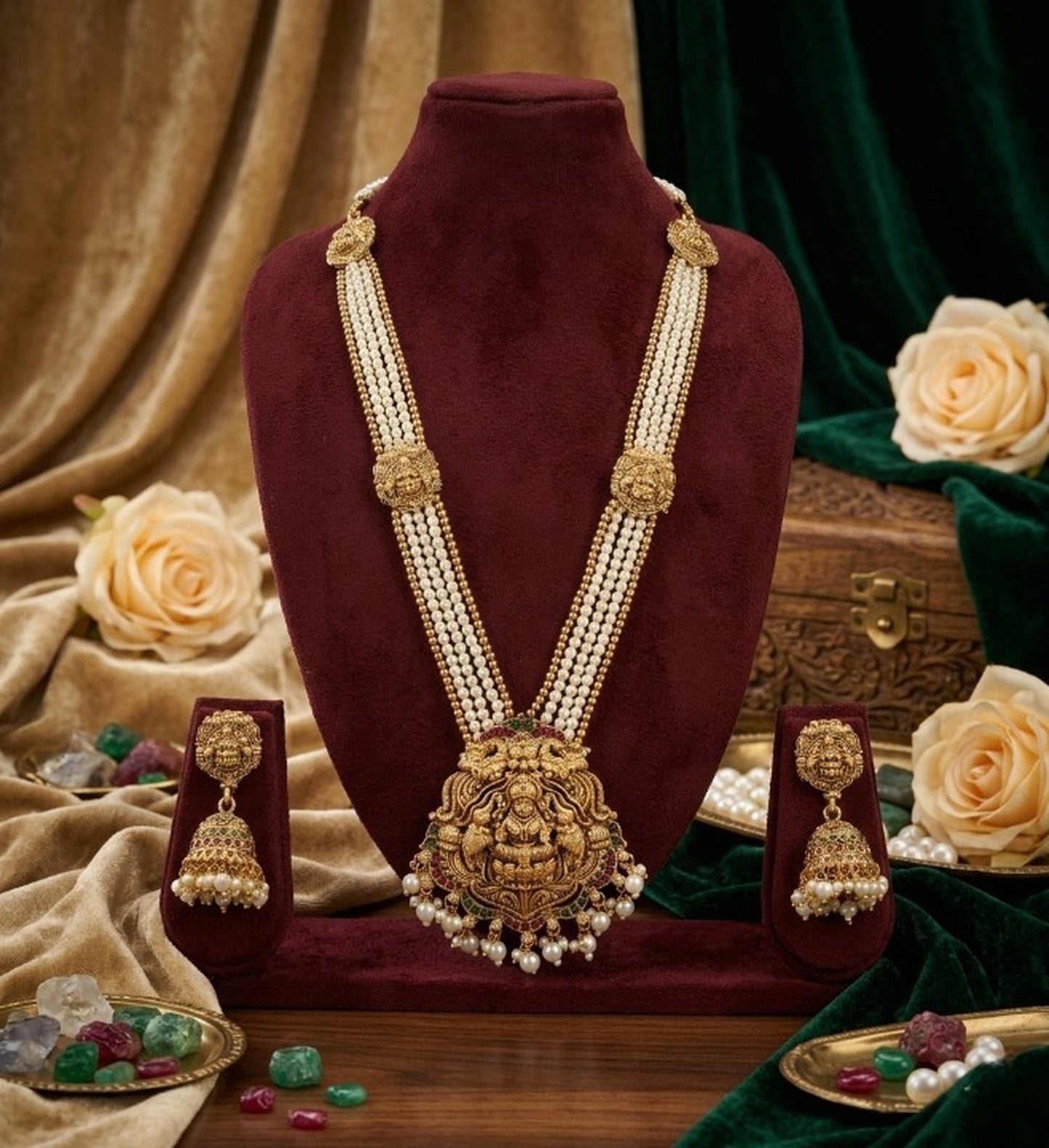 Jewel City Gold Plated South Indian Temple Jewelry Set - Pearl Mala Long Haram Necklace with Jhumka Earrings for Wedding