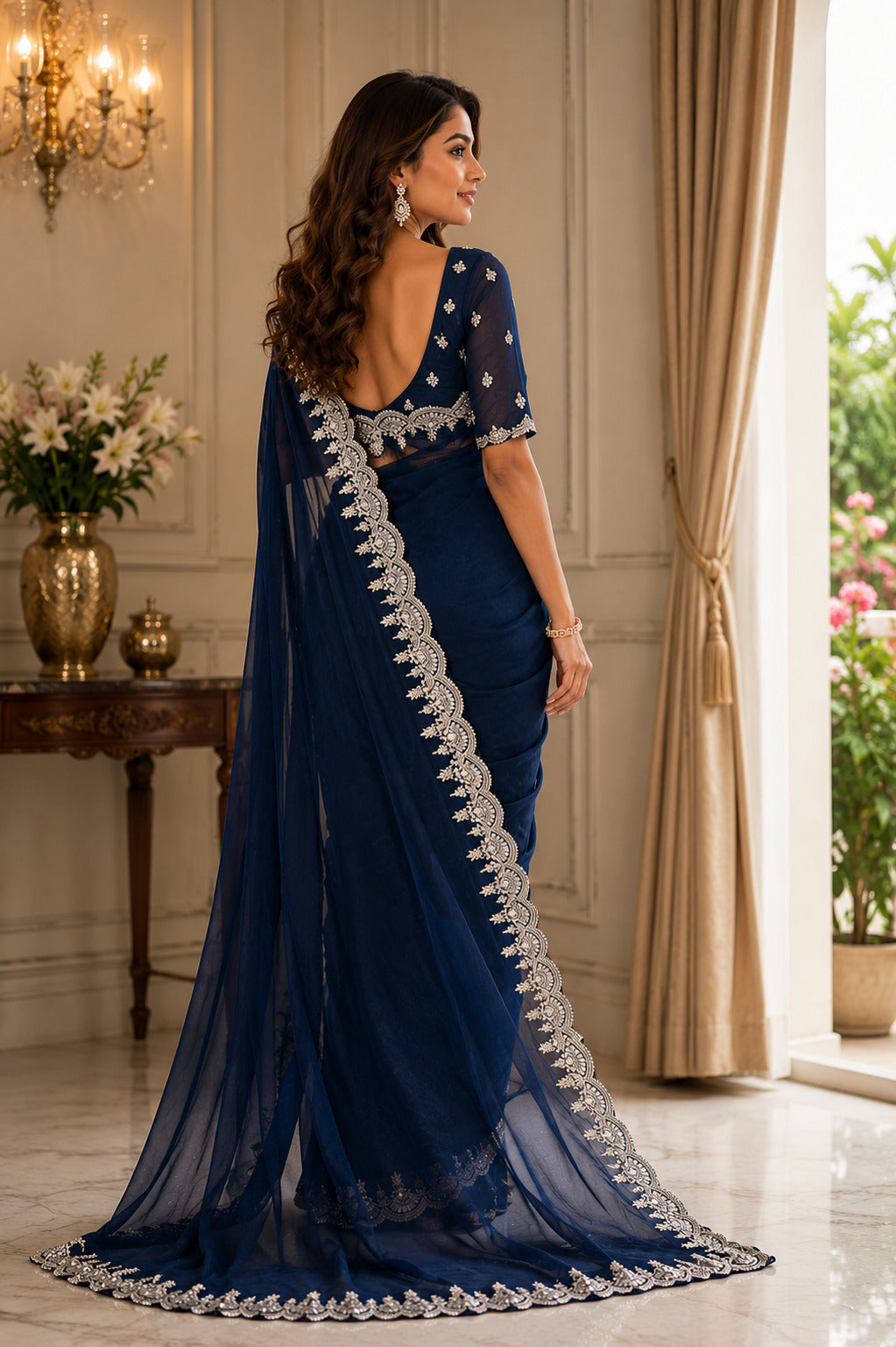 Dwija Fashion Navy Blue Party Wear Embroidered Shimmer Chifon Saree With Unstitched Blouse