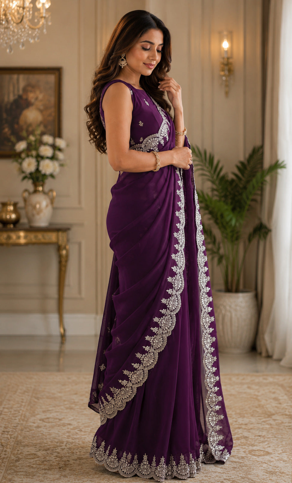 Dwija Fashion Dark Wine Party Wear Embroidered Shimmer Chifon Saree With Unstitched Blouse