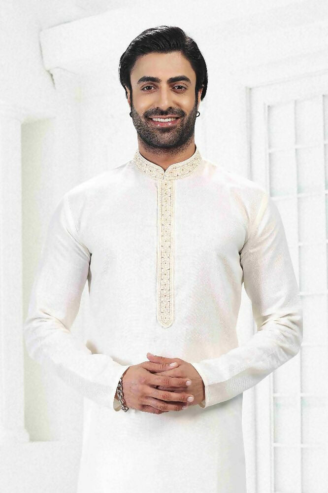 Raivat Ethnic Linen Cotton Thread Work Kurta Pajama In Cream Colour