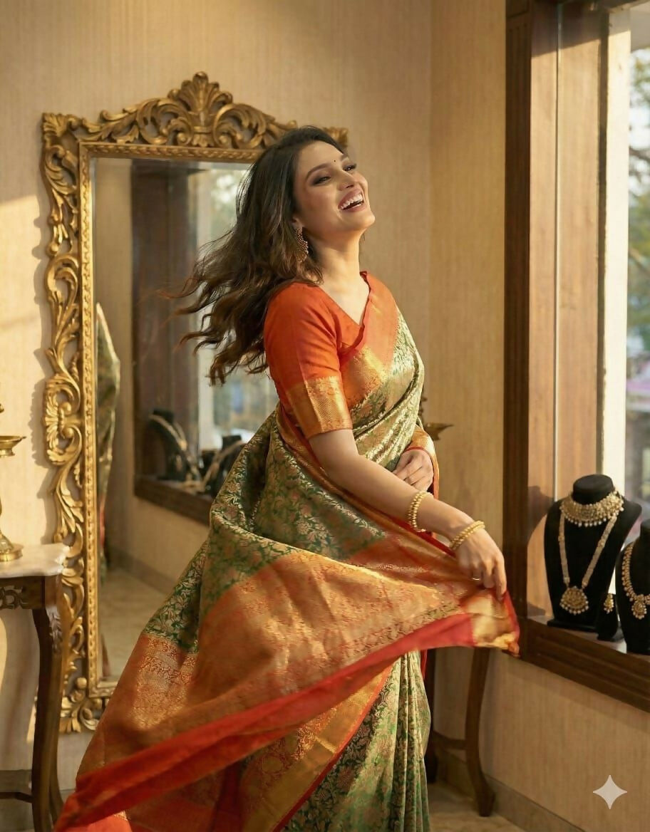 Prime Volt Royal Kanjivaram Silk Saree in Green with Floral Zari Weaving & Red-Gold Pallu-Golden Orange With Red Edges