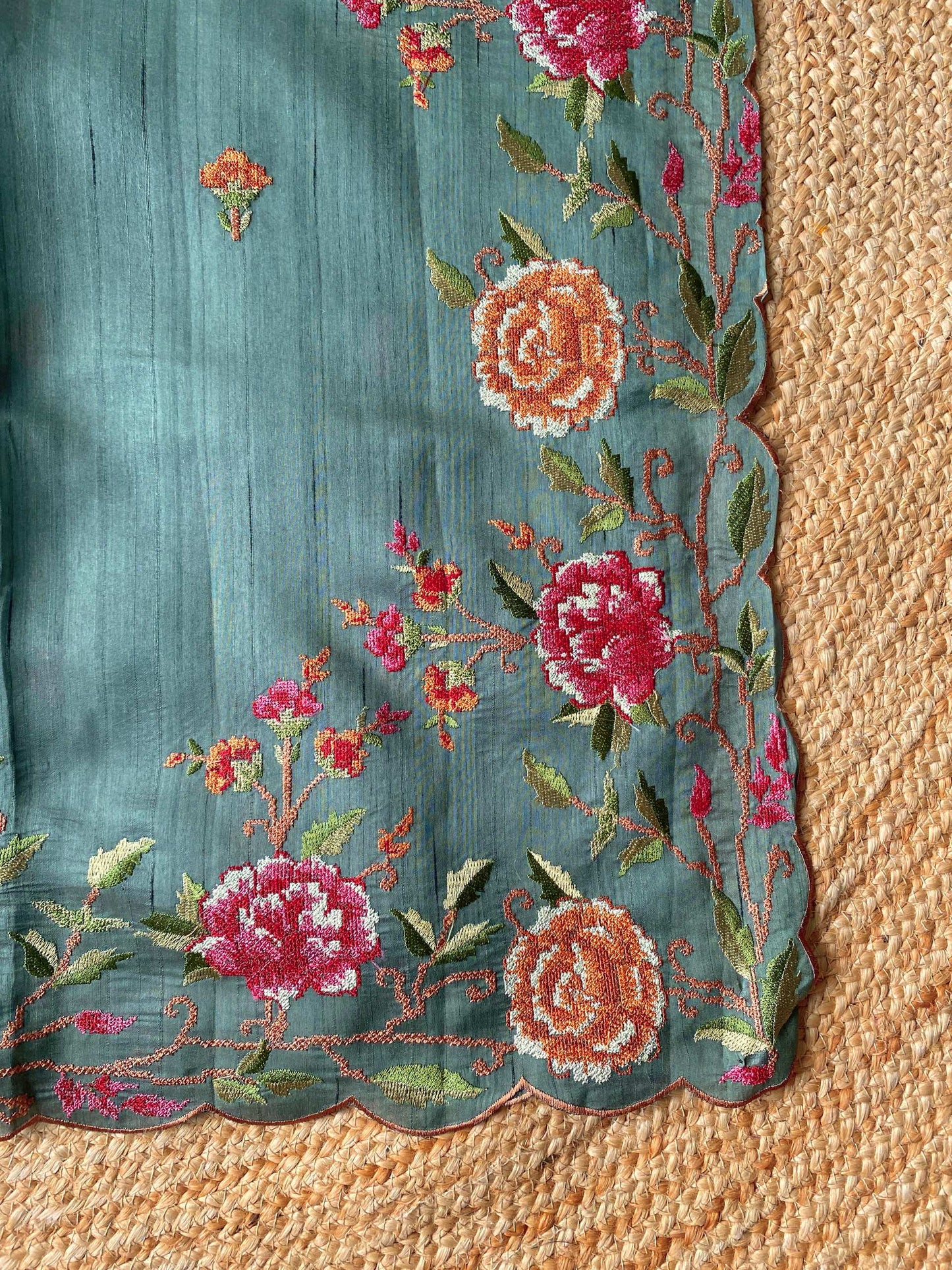 Mameraa Sarees Sea Green Matka Silk Saree With Heavy Floral Embroidery Border With Running Blouse-Sea_Green