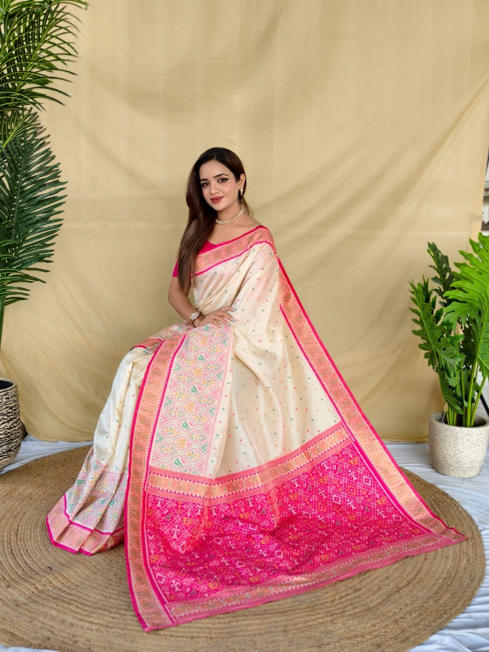 Mameraa Sarees Ivory Soft Silk Saree With Multi Thread Zari Contrast Border And Pallu-Ivory