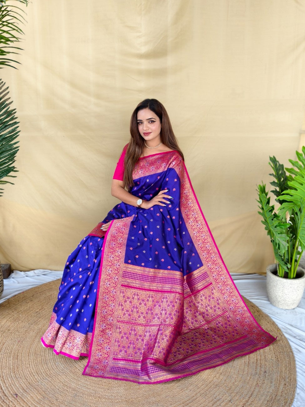 Mameraa Sarees Royal Blue Soft Silk Saree With Zari Woven Border And Contrast Zari Pallu-Royal_Blue